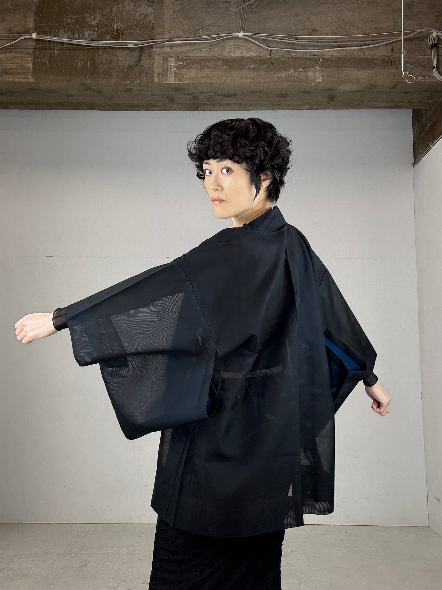 VINTAGE BLACK HAORI SHEER “blue, matsu"