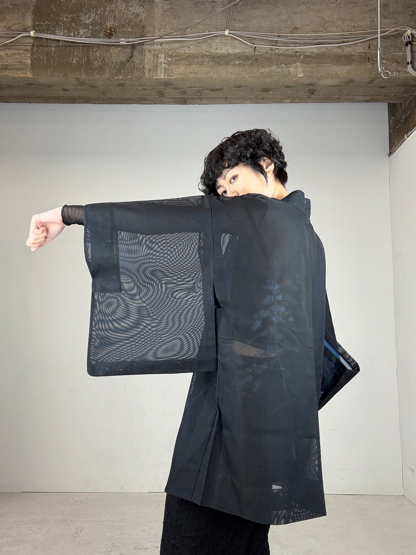 VINTAGE BLACK HAORI SHEER “blue, matsu"