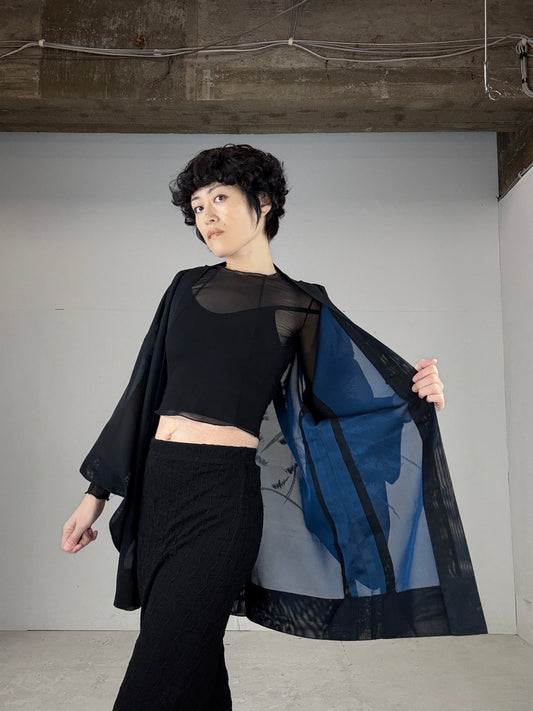 VINTAGE BLACK HAORI SHEER “blue, matsu"