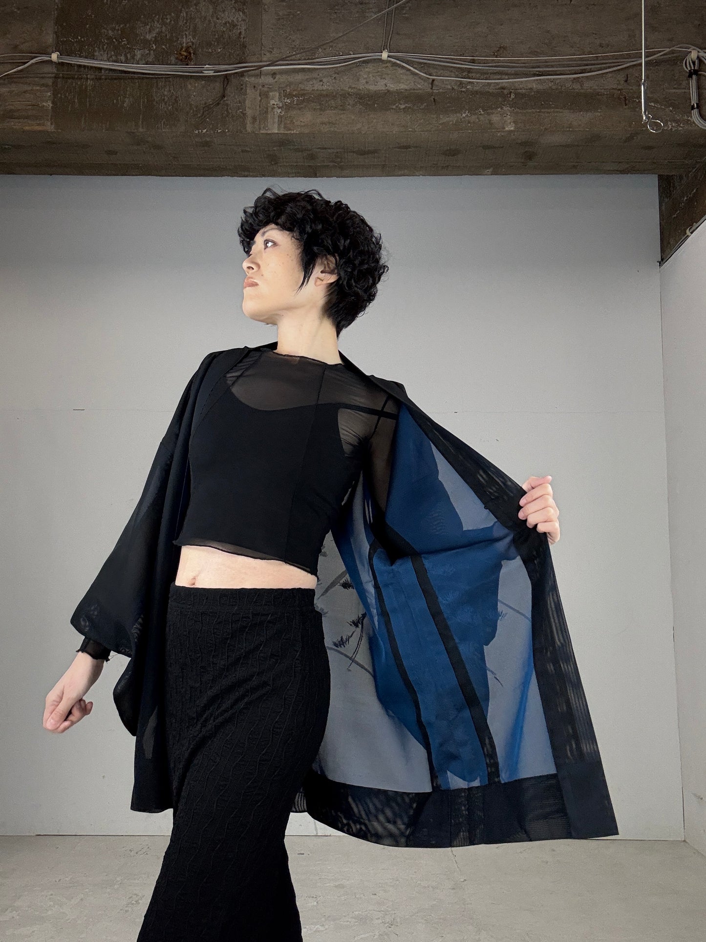 VINTAGE BLACK HAORI SHEER “blue, matsu"