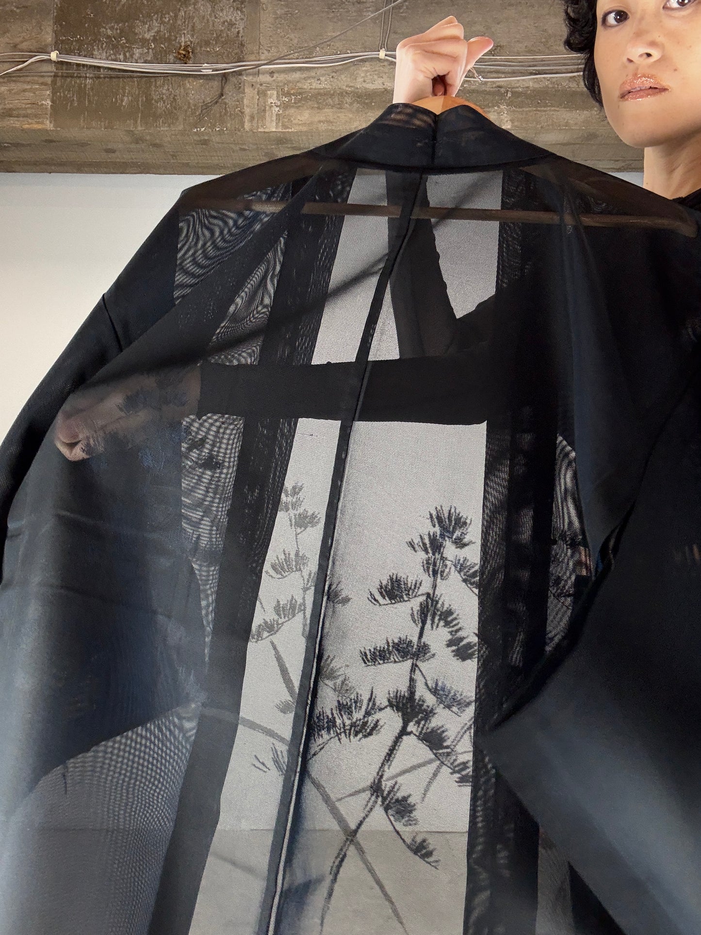 VINTAGE BLACK HAORI SHEER “blue, matsu"