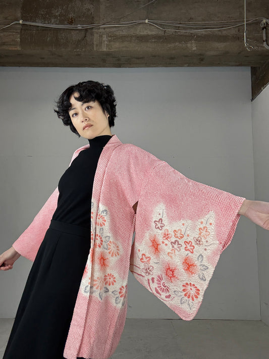 VINTAGE SHIBORI HAORI "mikuruma, hana, pink"