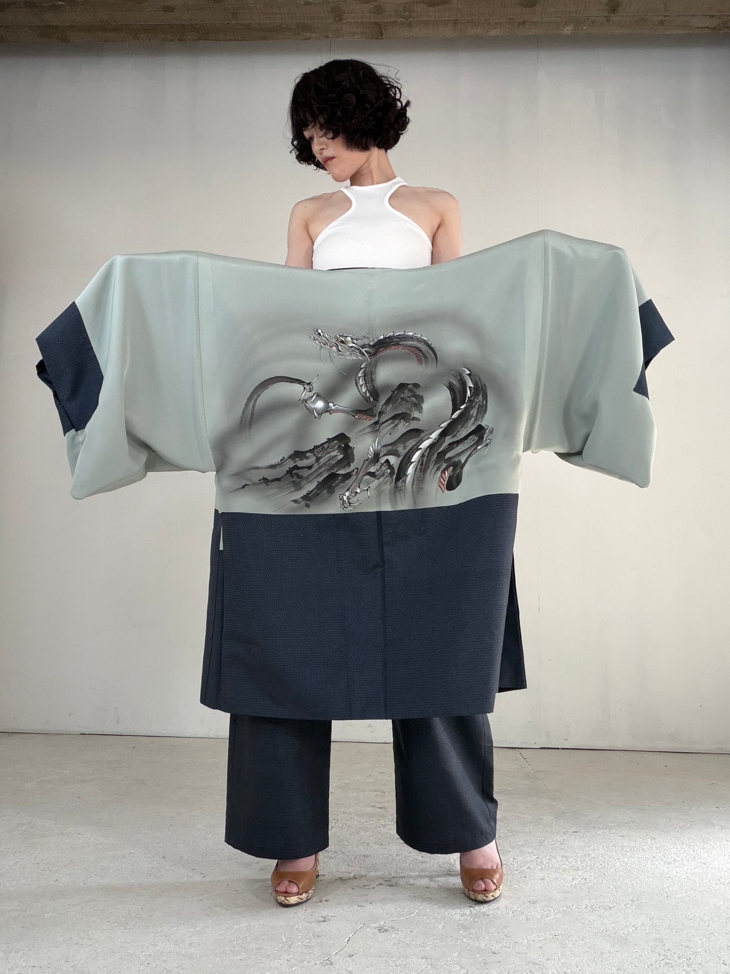Vintage Oshima Tsumugi Haori & Kimono Pants Set "ASB012" — Upcycled from Japanese Kimono