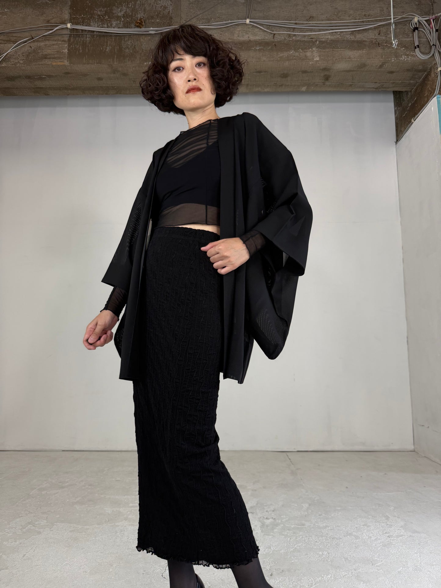 VINTAGE BLACK HAORI SHEER “ro, nami- leaf"
