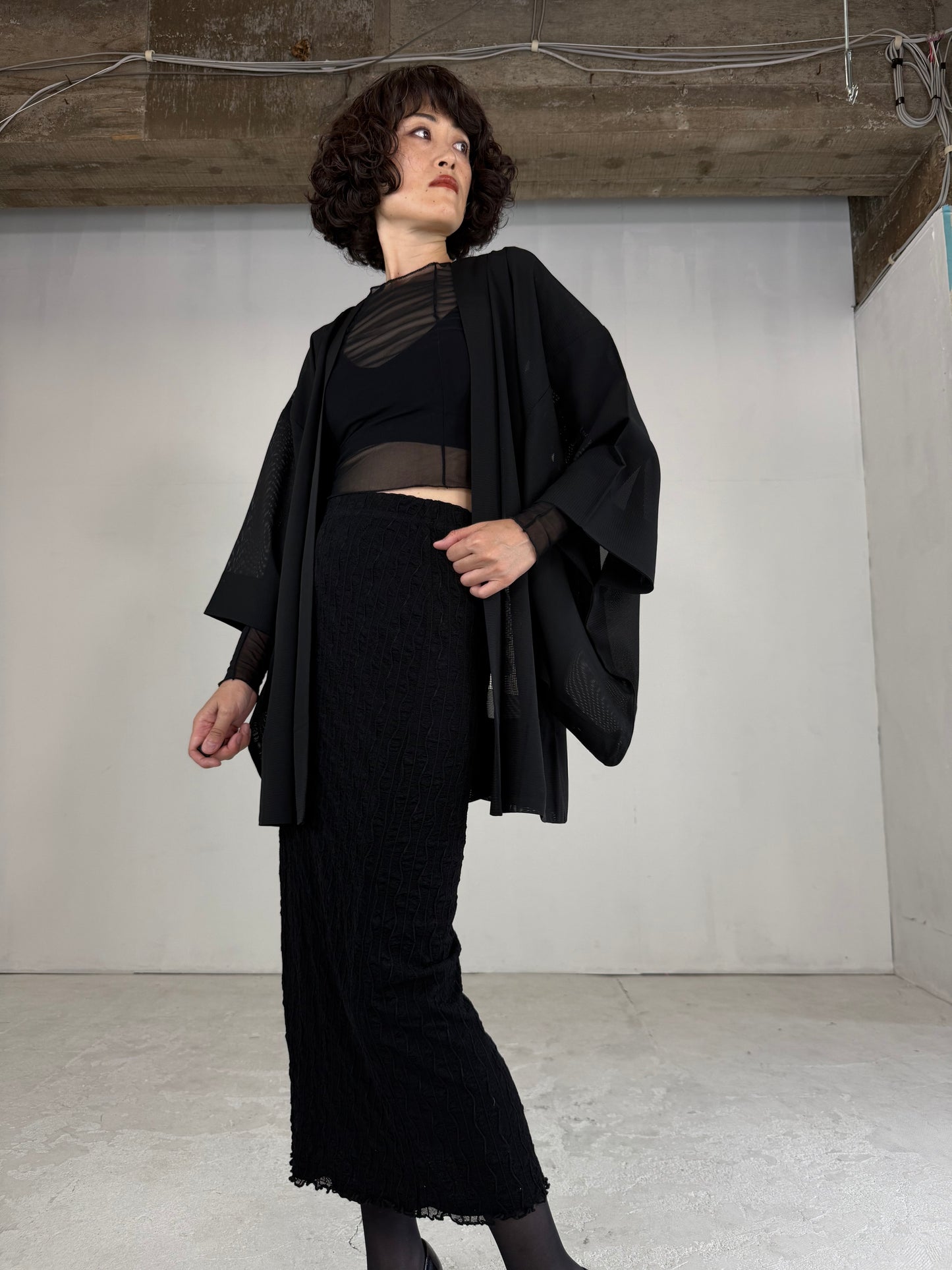 VINTAGE BLACK HAORI SHEER “ro, nami- leaf"