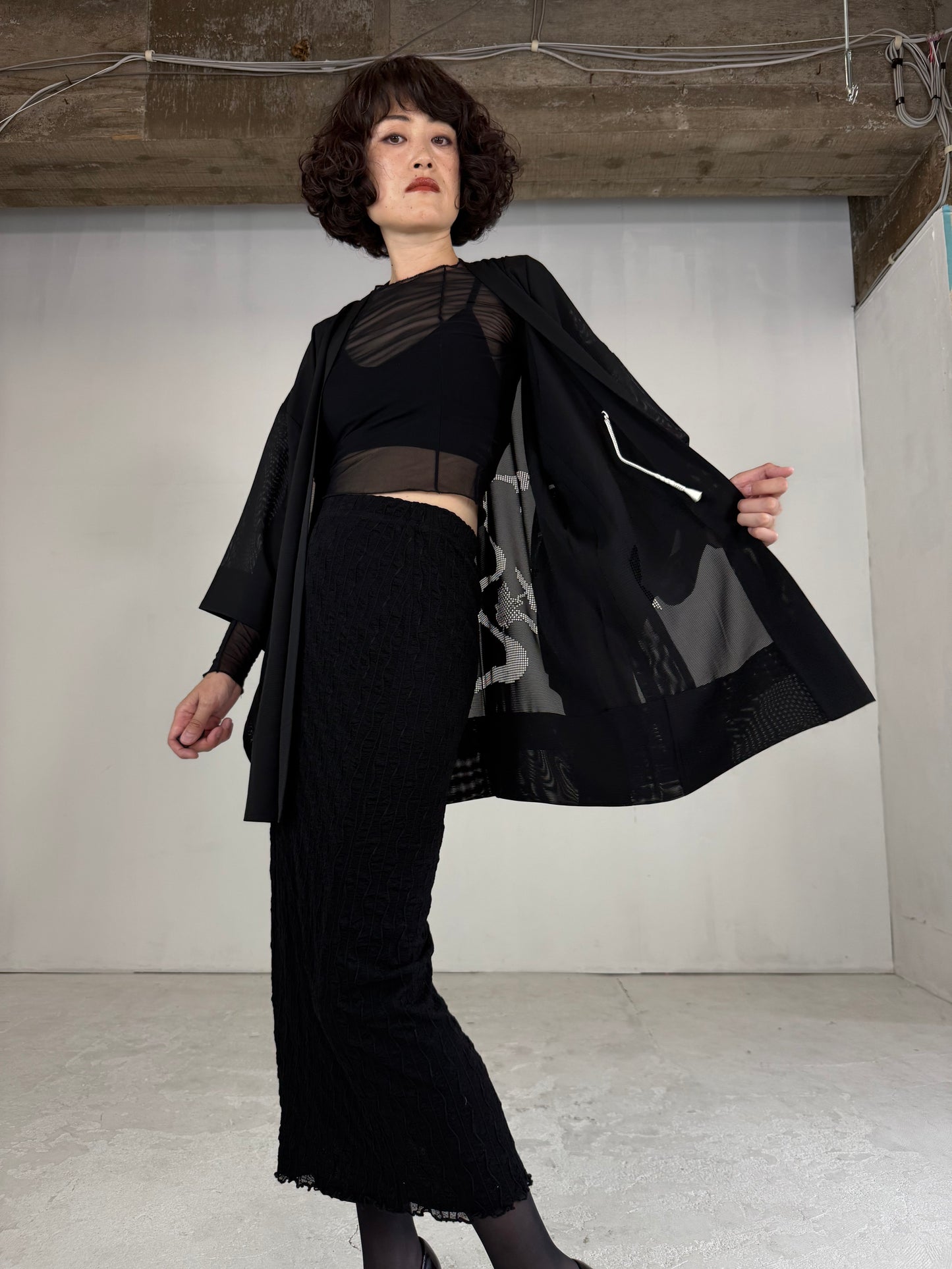 VINTAGE BLACK HAORI SHEER “ro, nami- leaf"