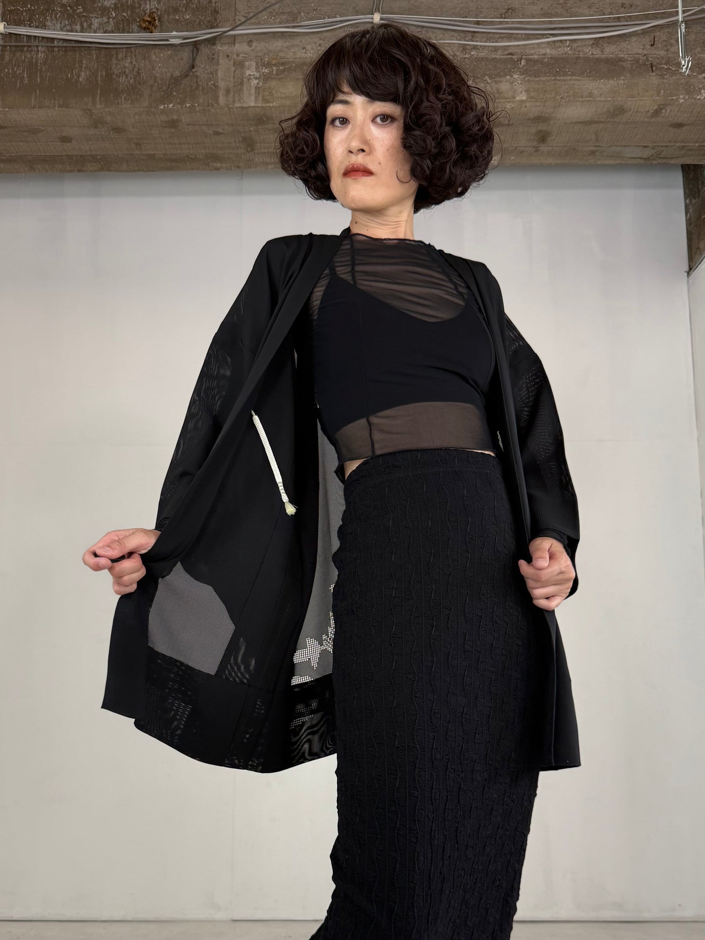 VINTAGE BLACK HAORI SHEER “ro, nami- leaf"