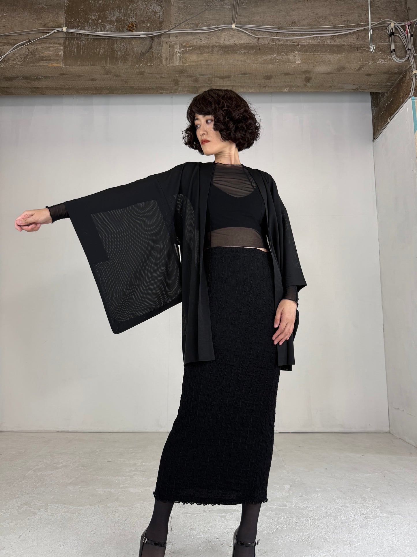 VINTAGE BLACK HAORI SHEER “ro, nami- leaf"