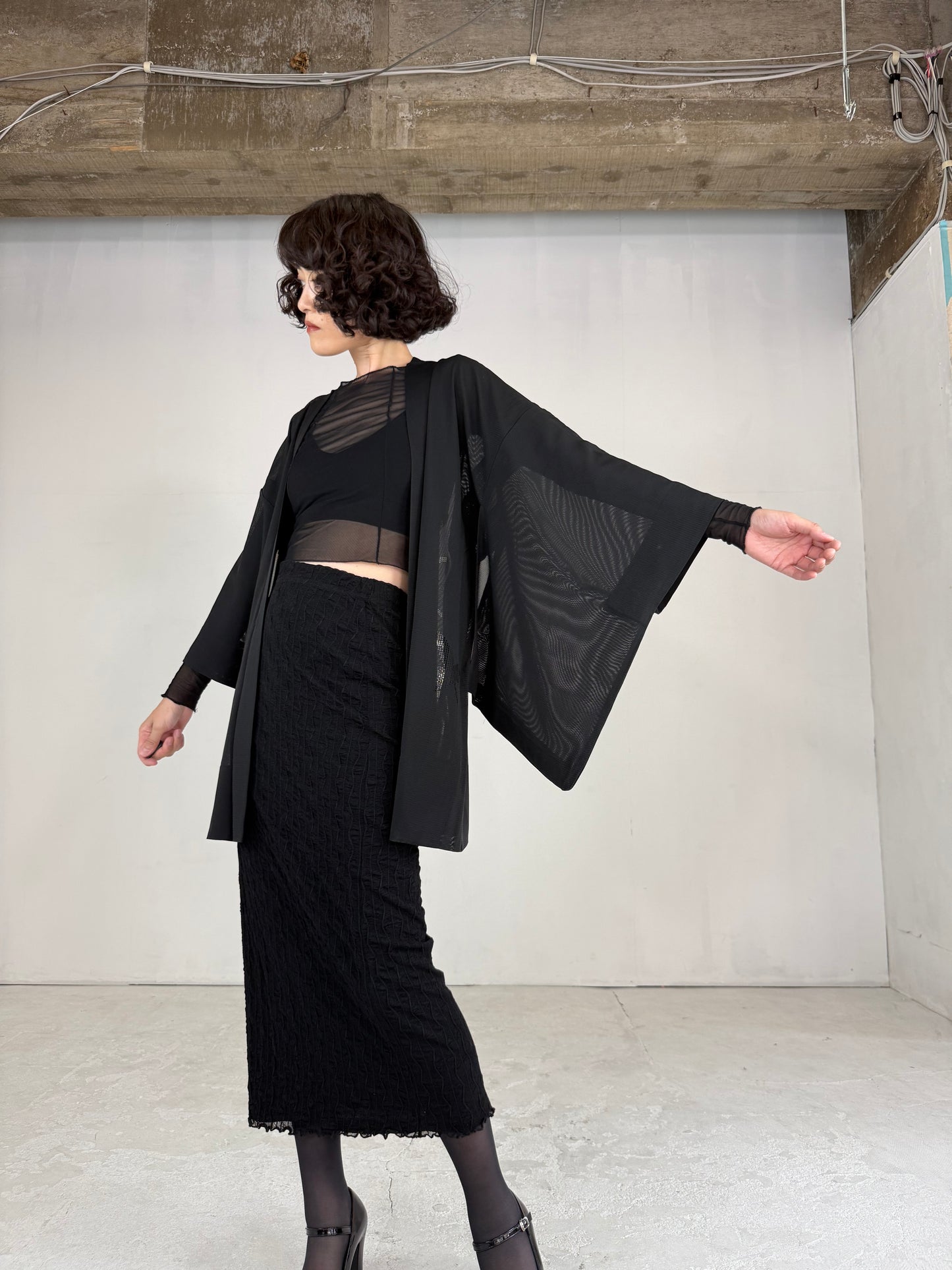 VINTAGE BLACK HAORI SHEER “ro, nami- leaf"