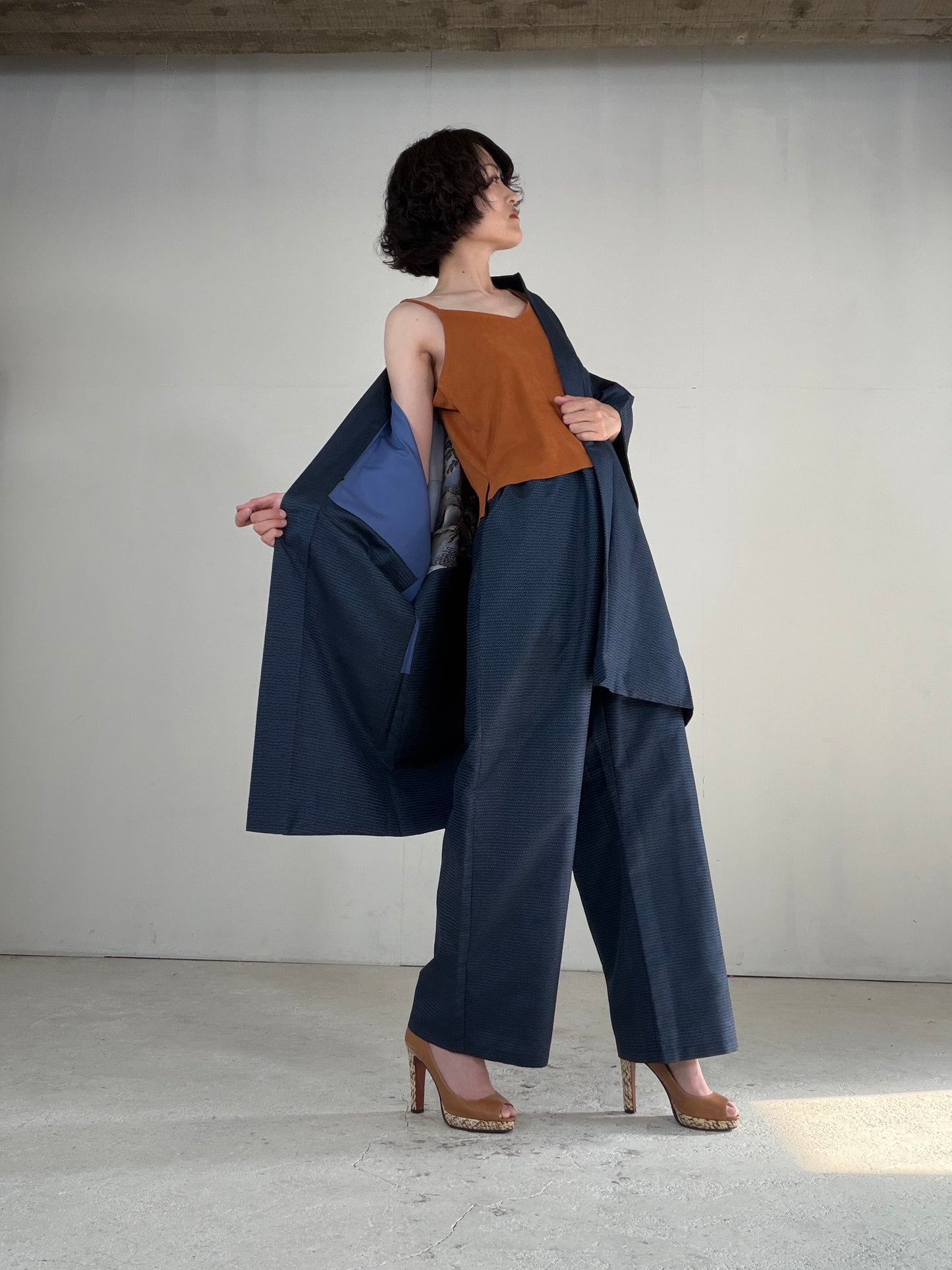 Vintage Oshima Tsumugi Haori & Kimono Pants Set "ASB011" — Upcycled from Japanese Kimono