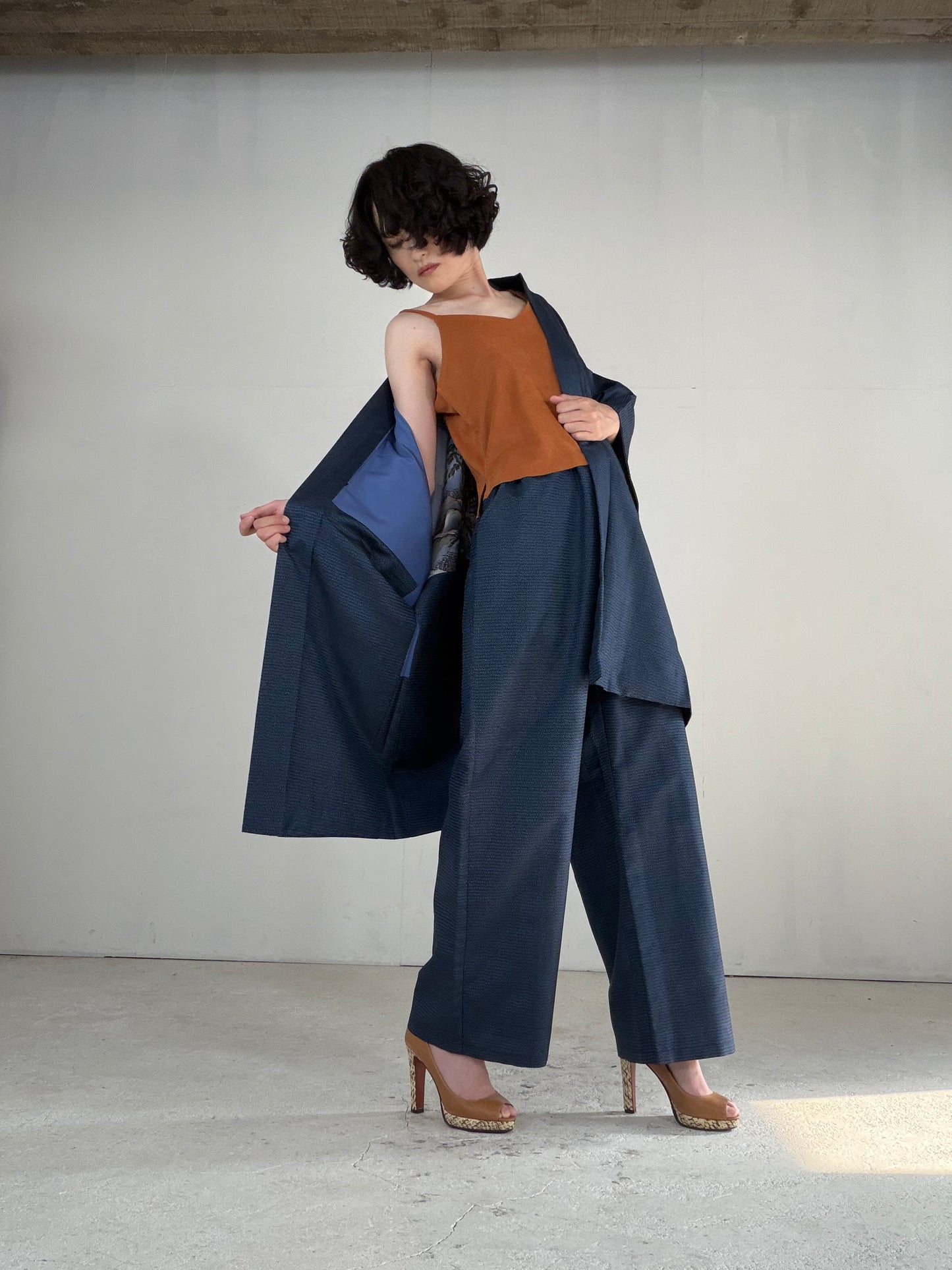 Vintage Oshima Tsumugi Haori & Kimono Pants Set "ASB011" — Upcycled from Japanese Kimono
