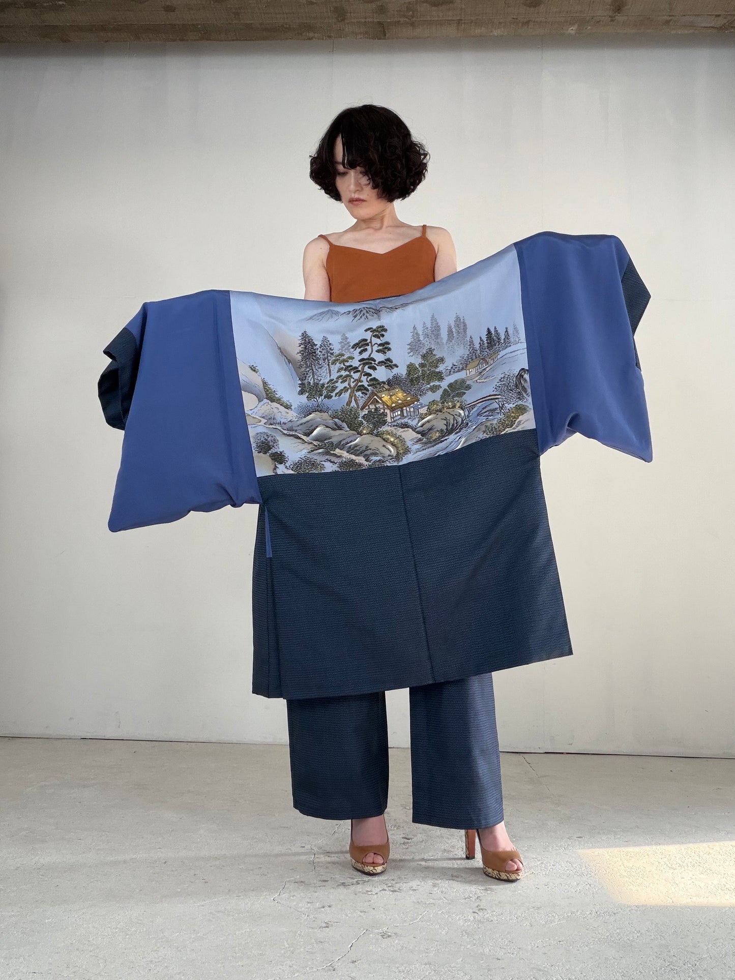 Vintage Oshima Tsumugi Haori & Kimono Pants Set "ASB011" — Upcycled from Japanese Kimono
