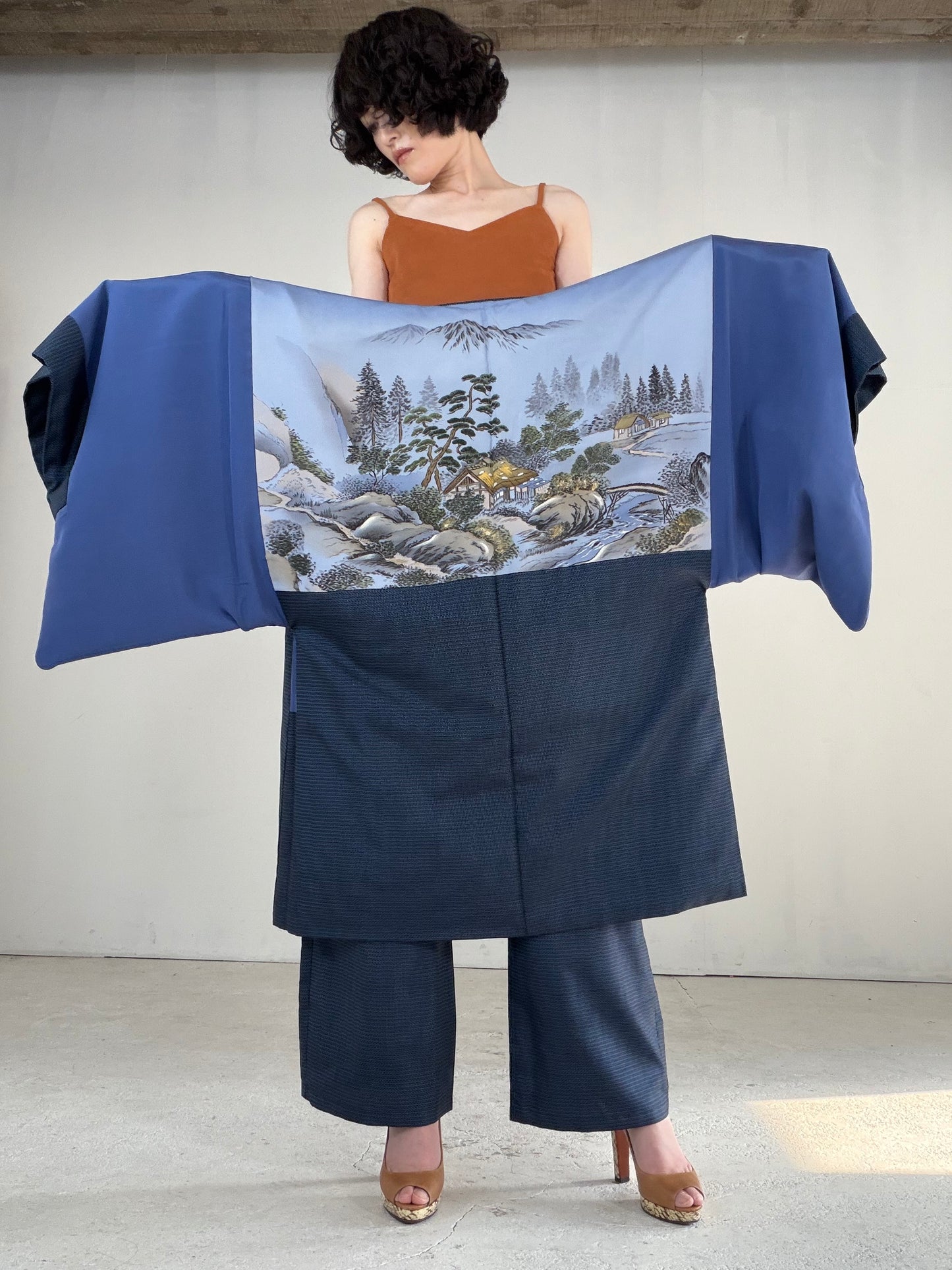Vintage Oshima Tsumugi Haori & Kimono Pants Set "ASB011" — Upcycled from Japanese Kimono