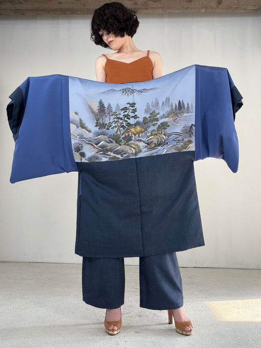 Vintage Oshima Tsumugi Haori & Kimono Pants Set "ASB011" — Upcycled from Japanese Kimono
