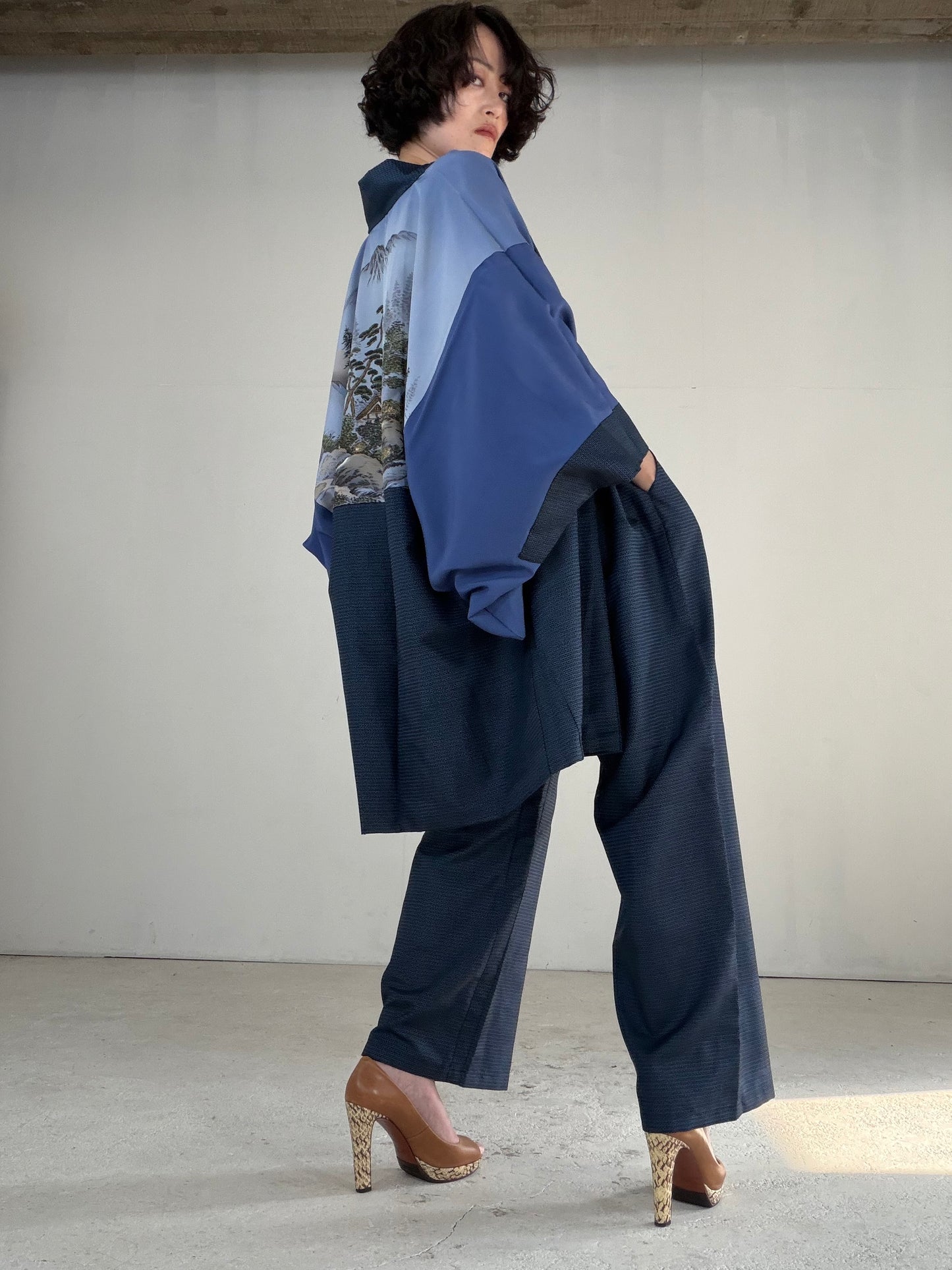 Vintage Oshima Tsumugi Haori & Kimono Pants Set "ASB011" — Upcycled from Japanese Kimono
