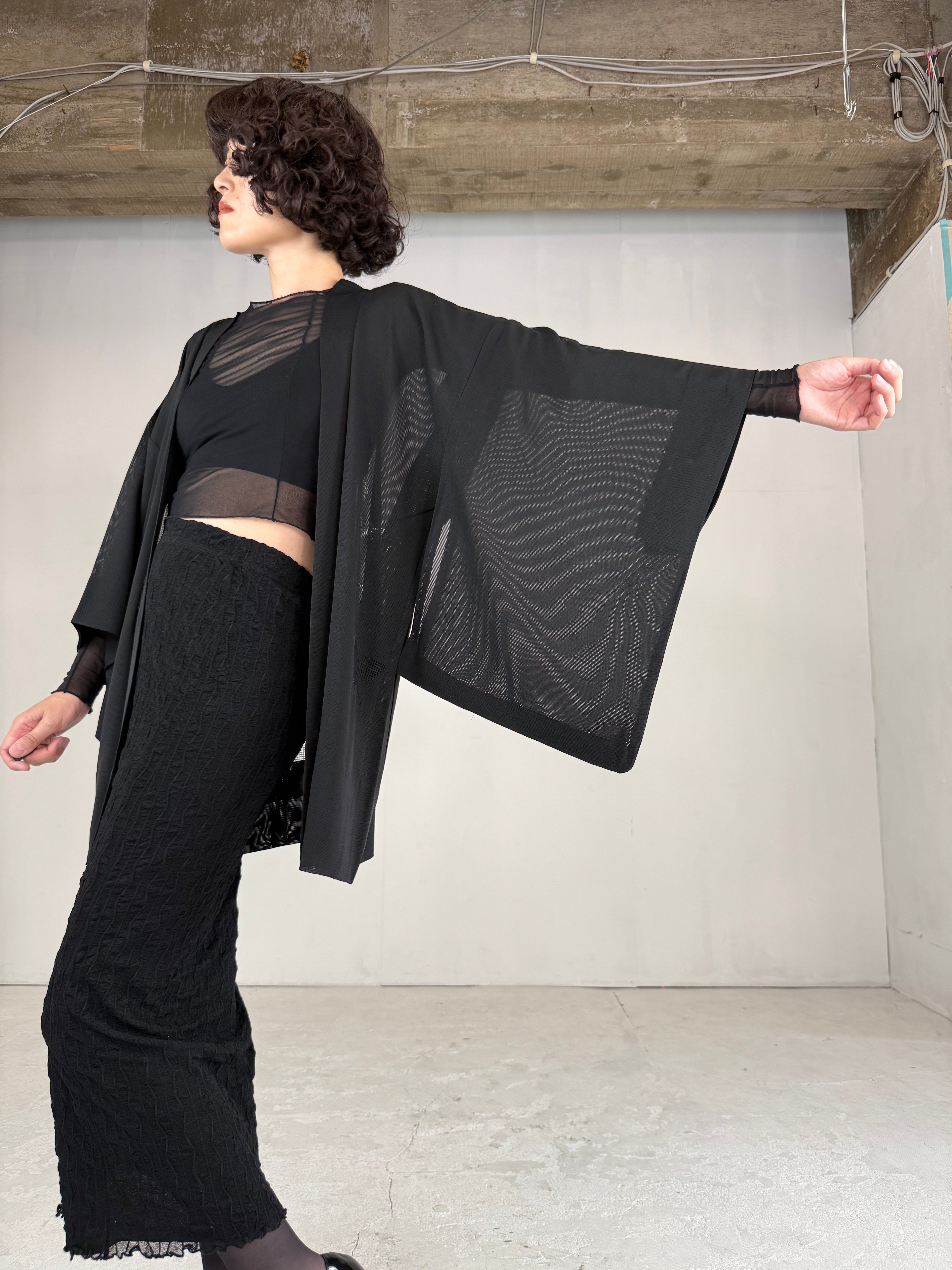 VINTAGE BLACK HAORI SHEER “ro, nami- leaf, SHH005