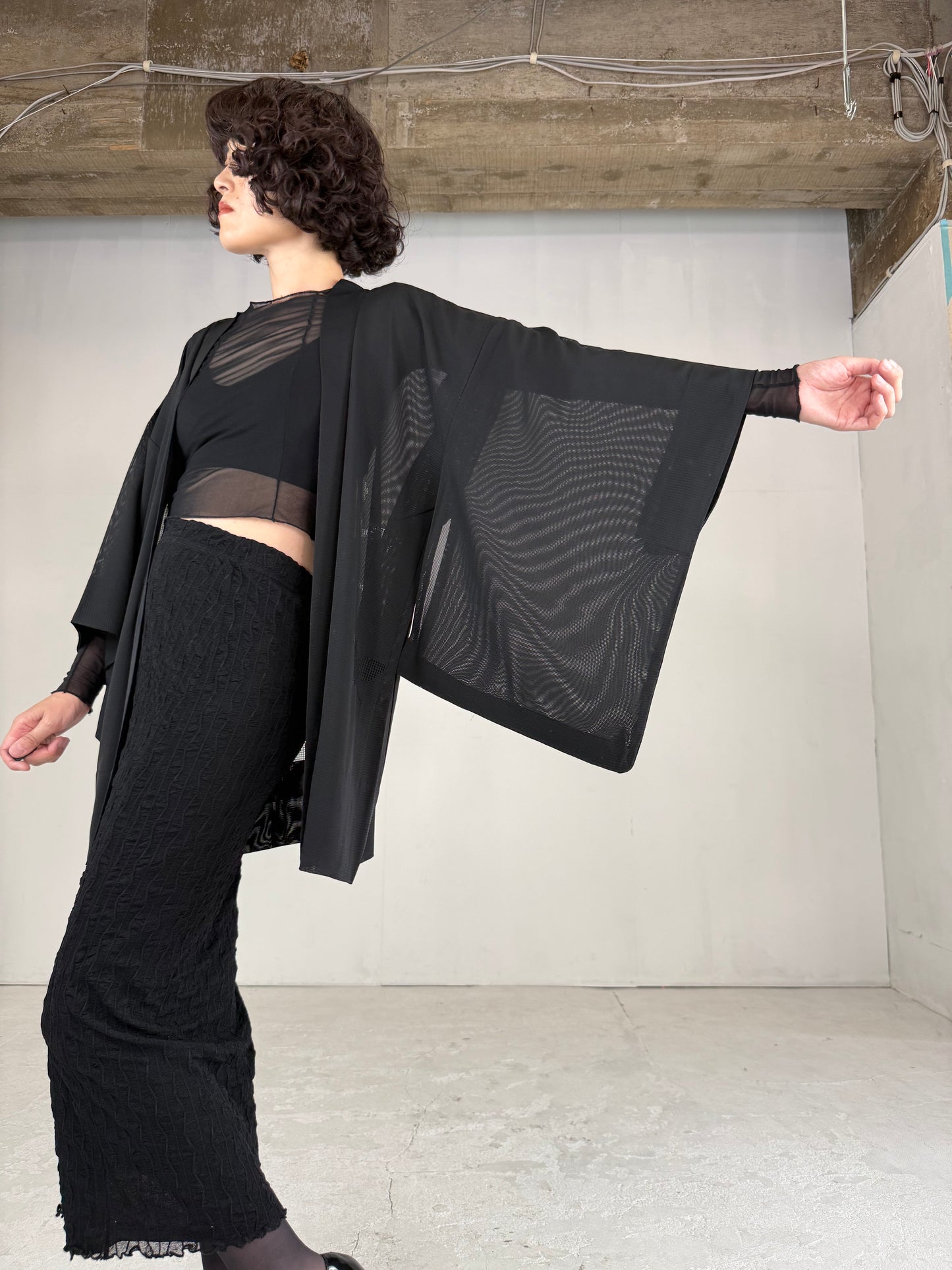 VINTAGE BLACK HAORI SHEER “ro, nami- leaf"