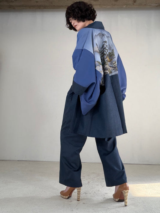 Vintage Oshima Tsumugi Haori & Kimono Pants Set "ASB011" — Upcycled from Japanese Kimono