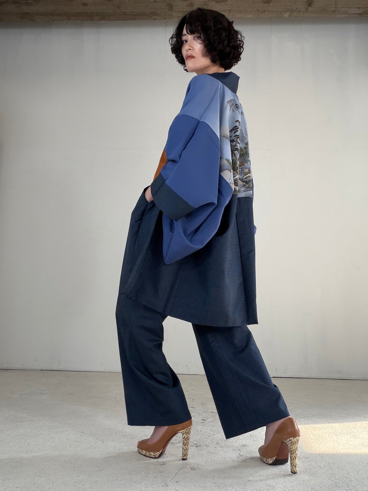 Vintage Oshima Tsumugi Haori & Kimono Pants Set "ASB011" — Upcycled from Japanese Kimono