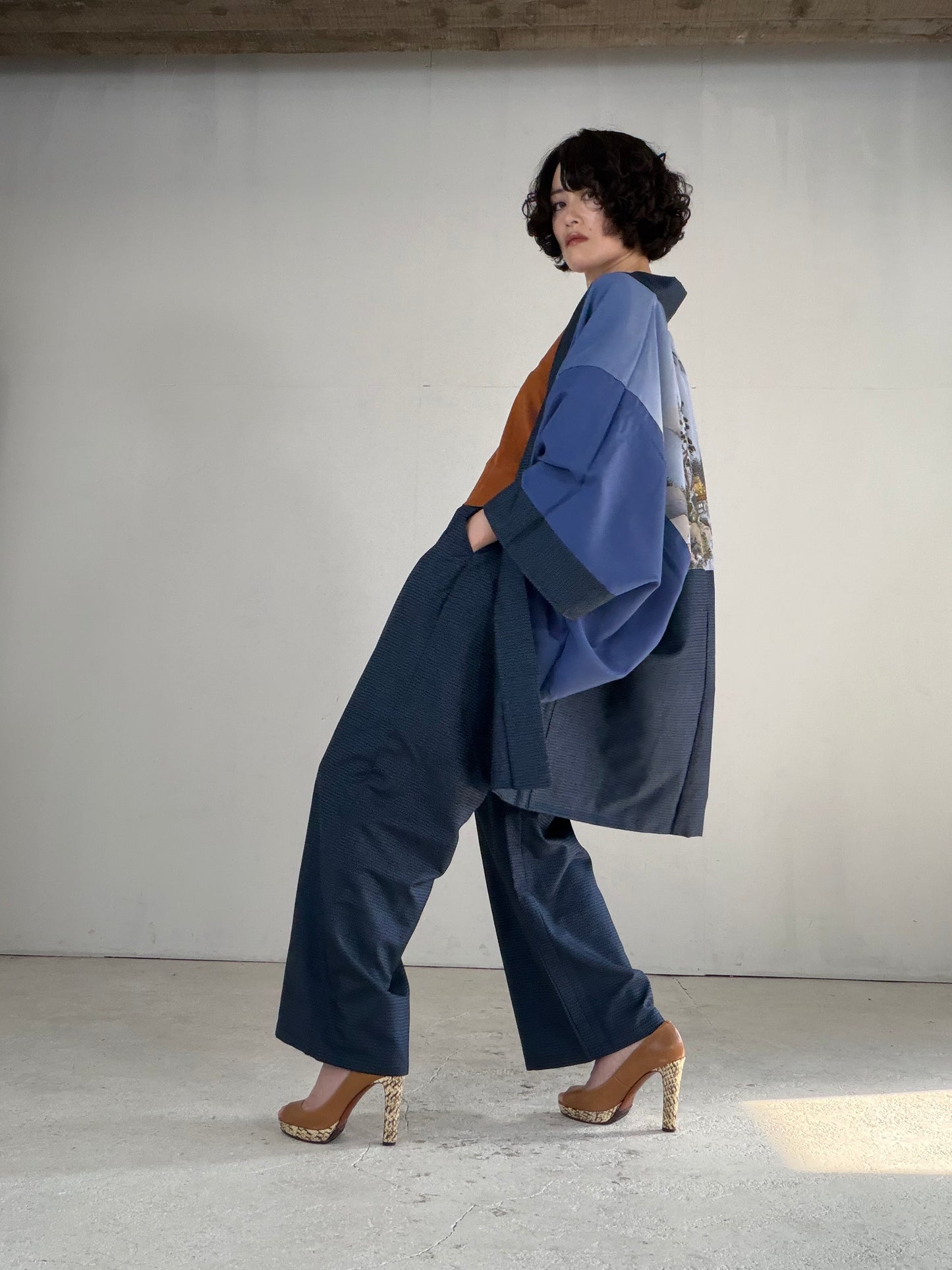 Vintage Oshima Tsumugi Haori & Kimono Pants Set "ASB011" — Upcycled from Japanese Kimono