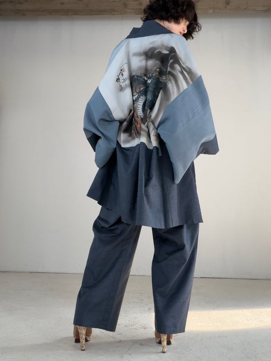 Vintage Oshima Tsumugi Haori & Kimono Pants Set "ASB010" — Upcycled from Japanese Kimono