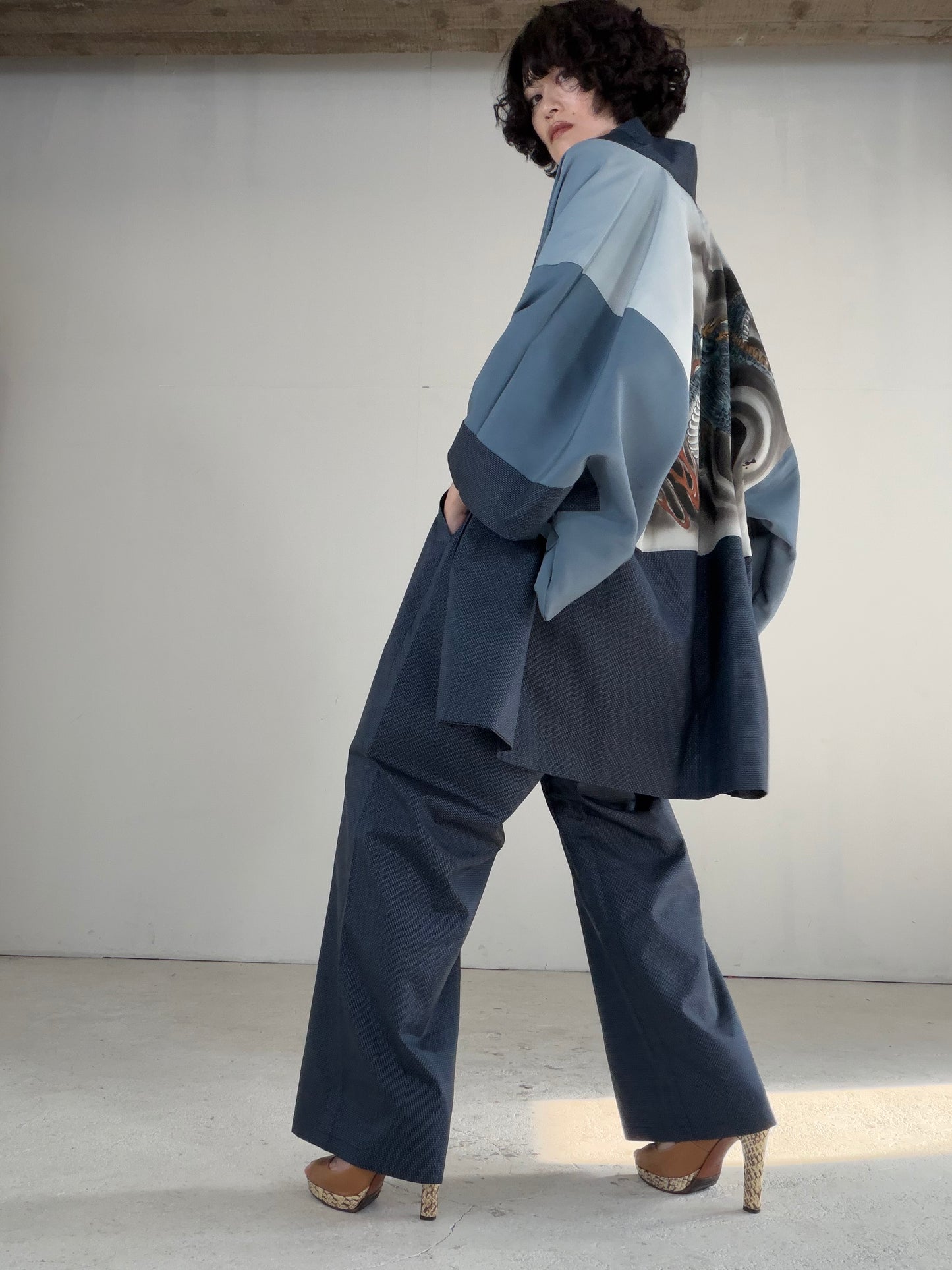 Vintage Oshima Tsumugi Haori & Kimono Pants Set "ASB010" — Upcycled from Japanese Kimono