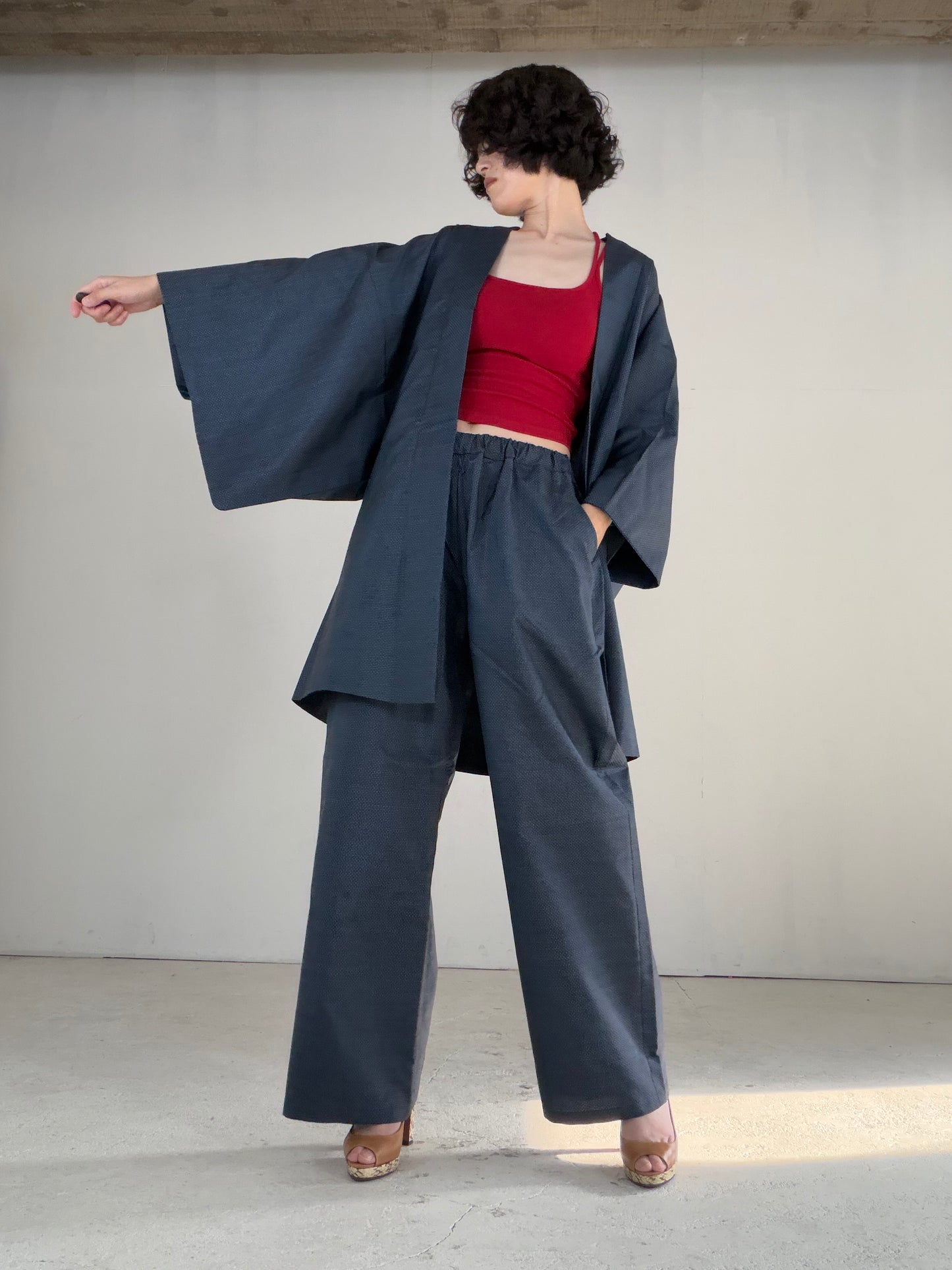 Vintage Oshima Tsumugi Haori & Kimono Pants Set "ASB010" — Upcycled from Japanese Kimono