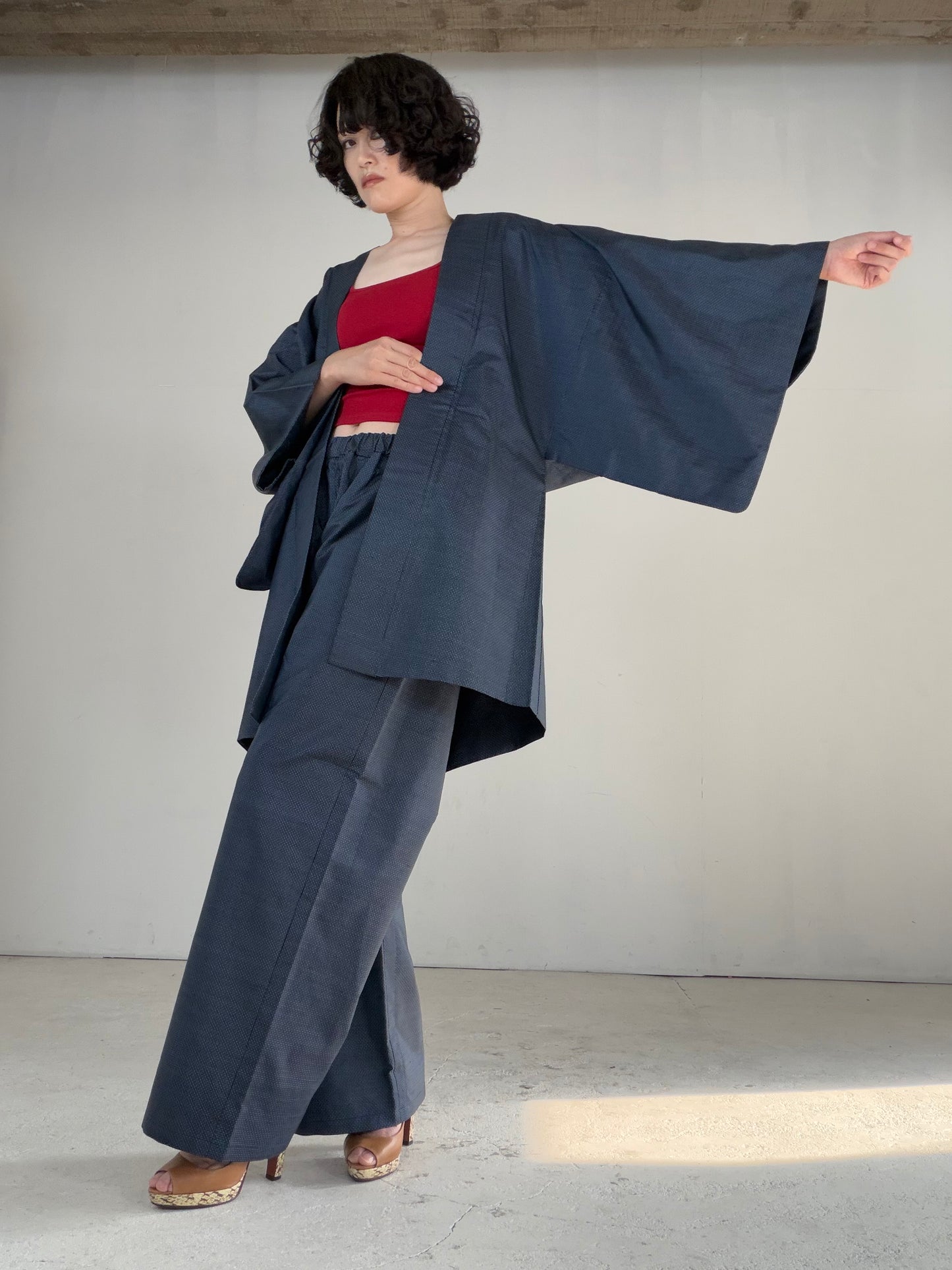 Vintage Oshima Tsumugi Haori & Kimono Pants Set "ASB010" — Upcycled from Japanese Kimono
