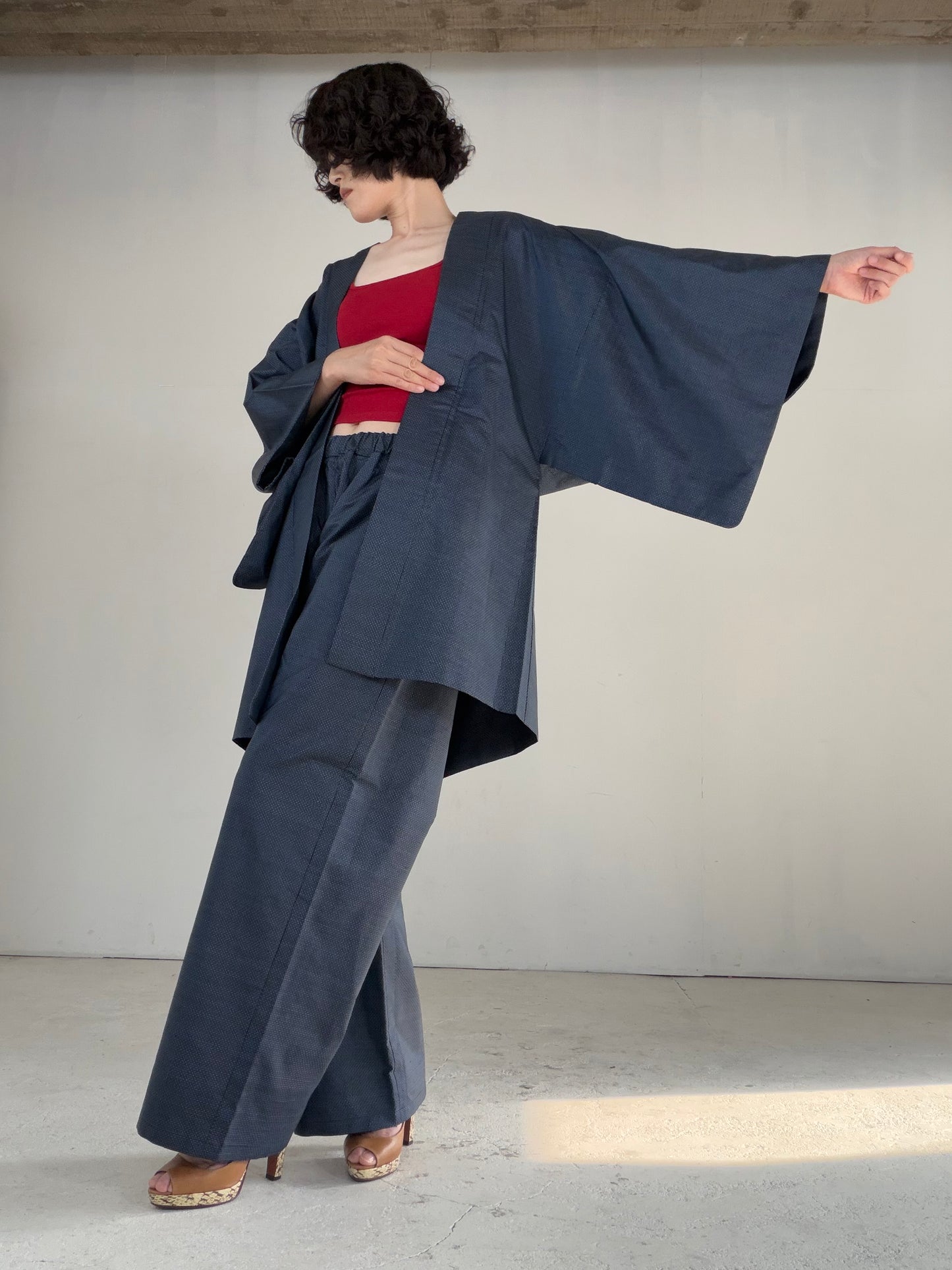 Vintage Oshima Tsumugi Haori & Kimono Pants Set "ASB010" — Upcycled from Japanese Kimono