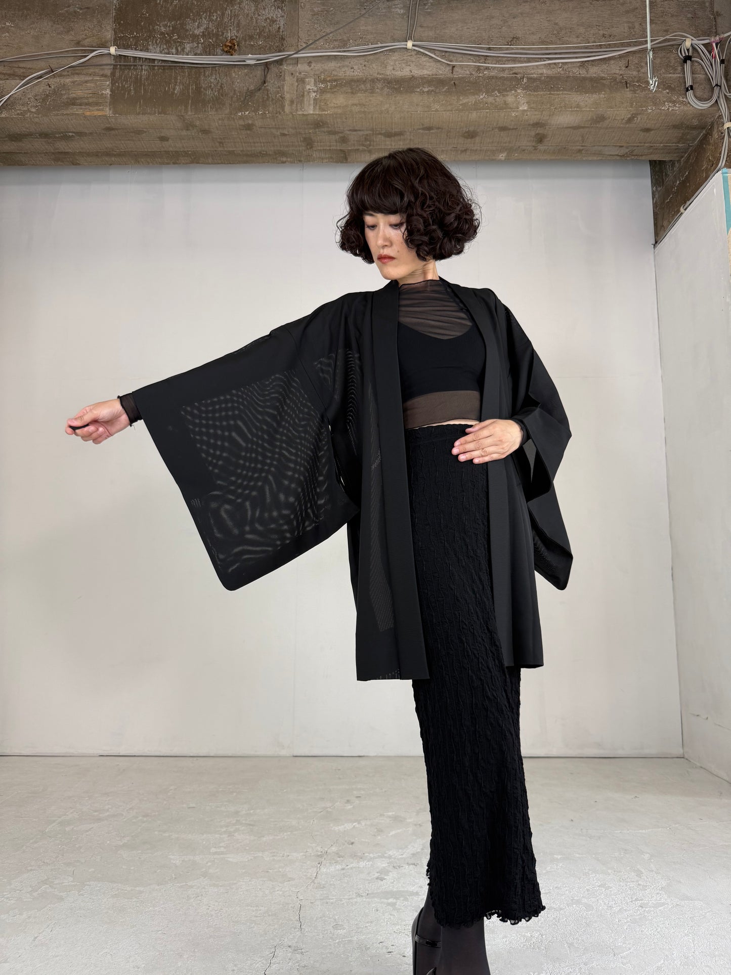 VINTAGE BLACK HAORI SHEER “ro, hishi"