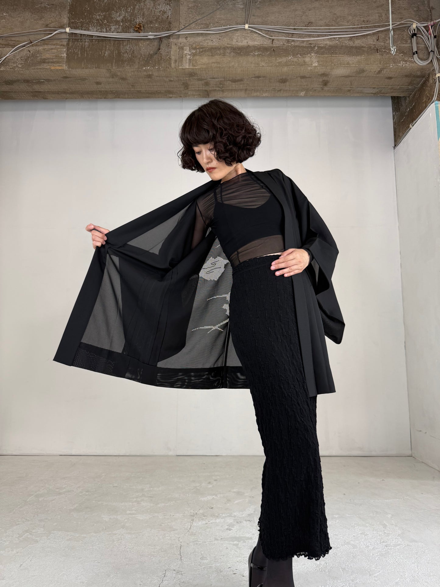 VINTAGE BLACK HAORI SHEER “ro, hishi"