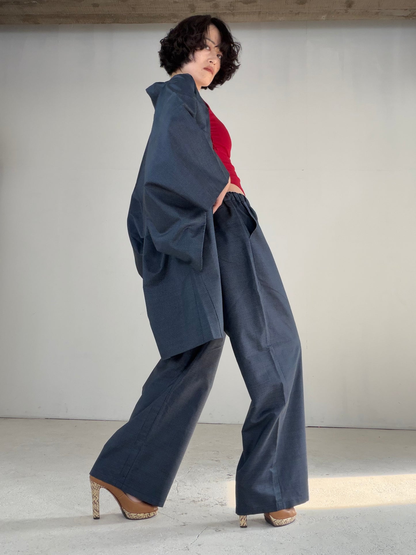 Vintage Oshima Tsumugi Haori & Kimono Pants Set "ASB010" — Upcycled from Japanese Kimono