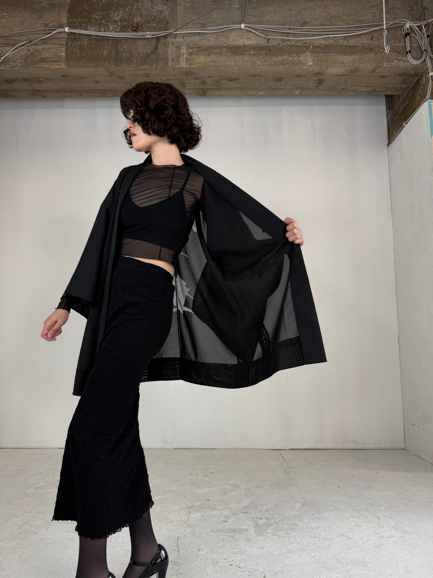 VINTAGE BLACK HAORI SHEER “ro, hishi"