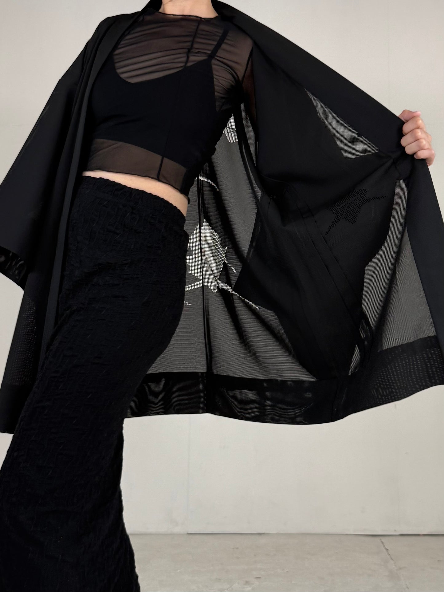 VINTAGE BLACK HAORI SHEER “ro, hishi"
