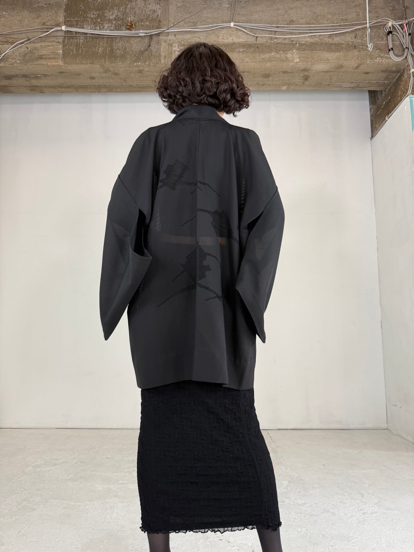VINTAGE BLACK HAORI SHEER “ro, hishi"