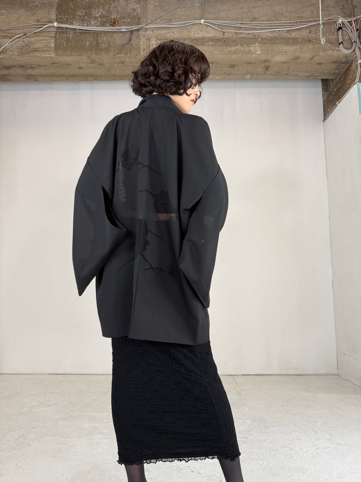 VINTAGE BLACK HAORI SHEER “ro, hishi"