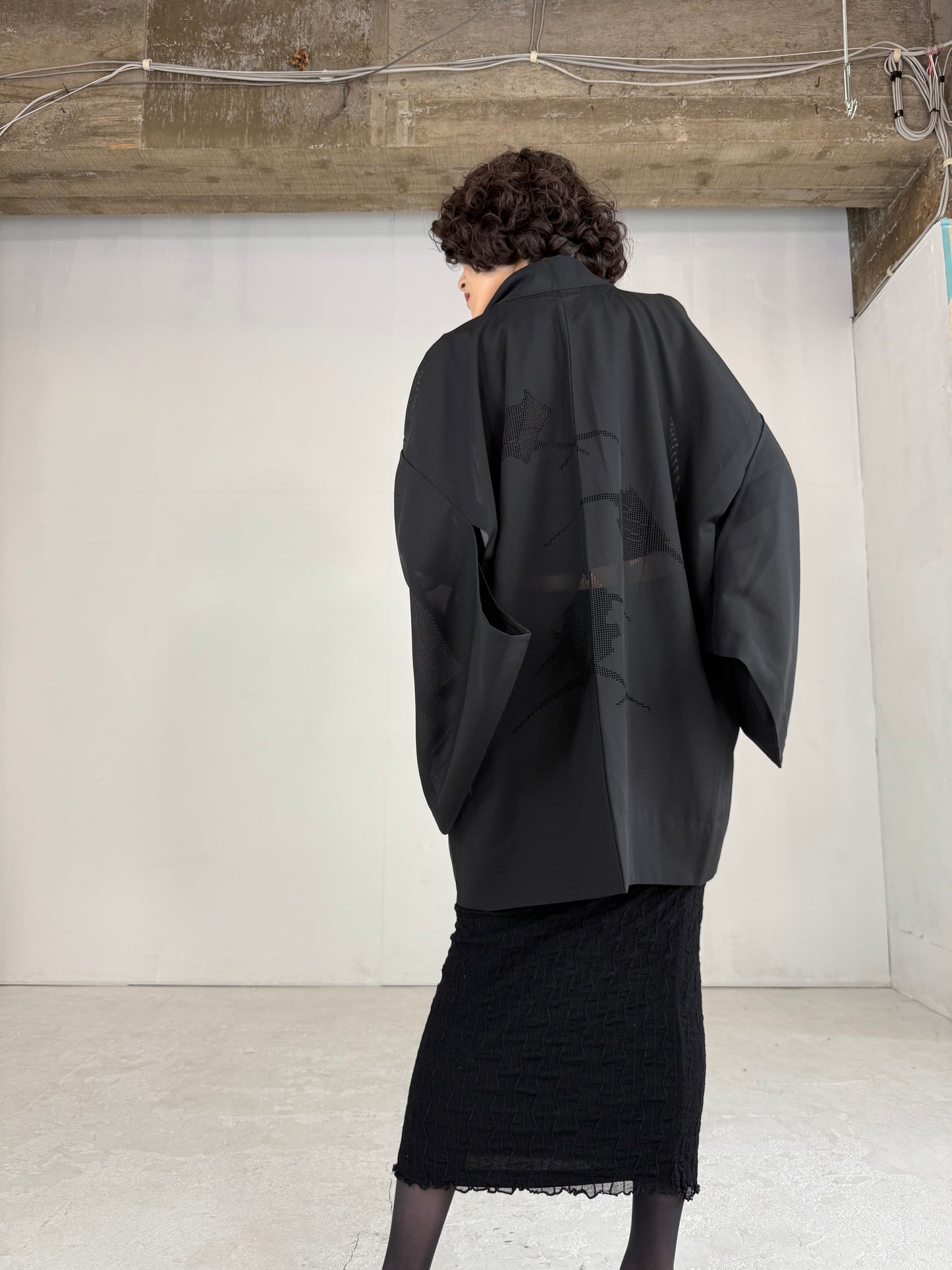 VINTAGE BLACK HAORI SHEER “ro, hishi"