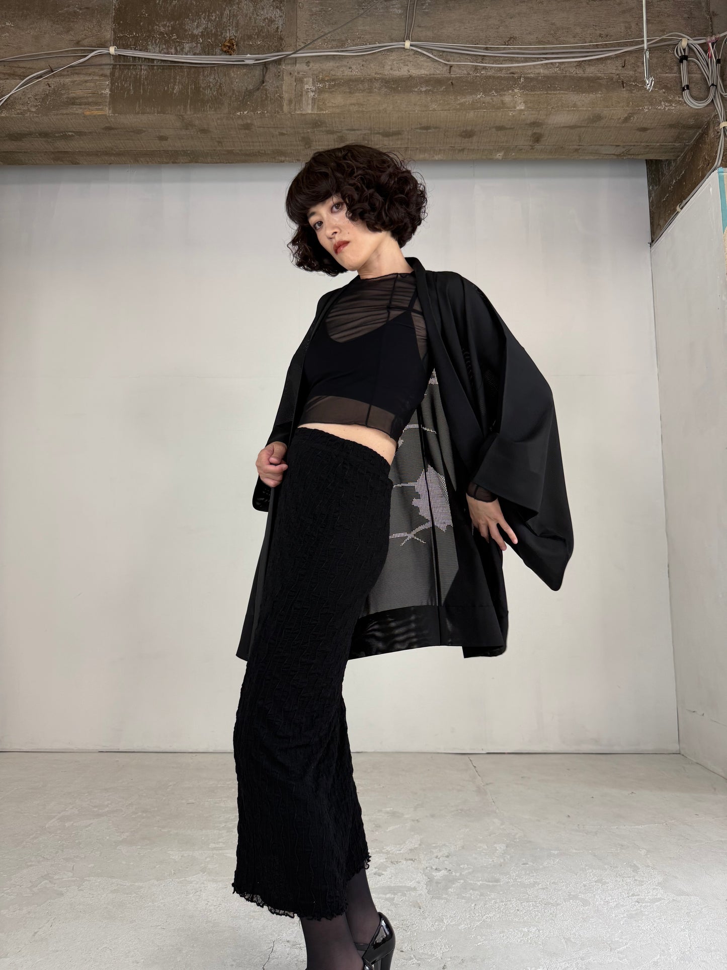 VINTAGE BLACK HAORI SHEER “ro, hishi"