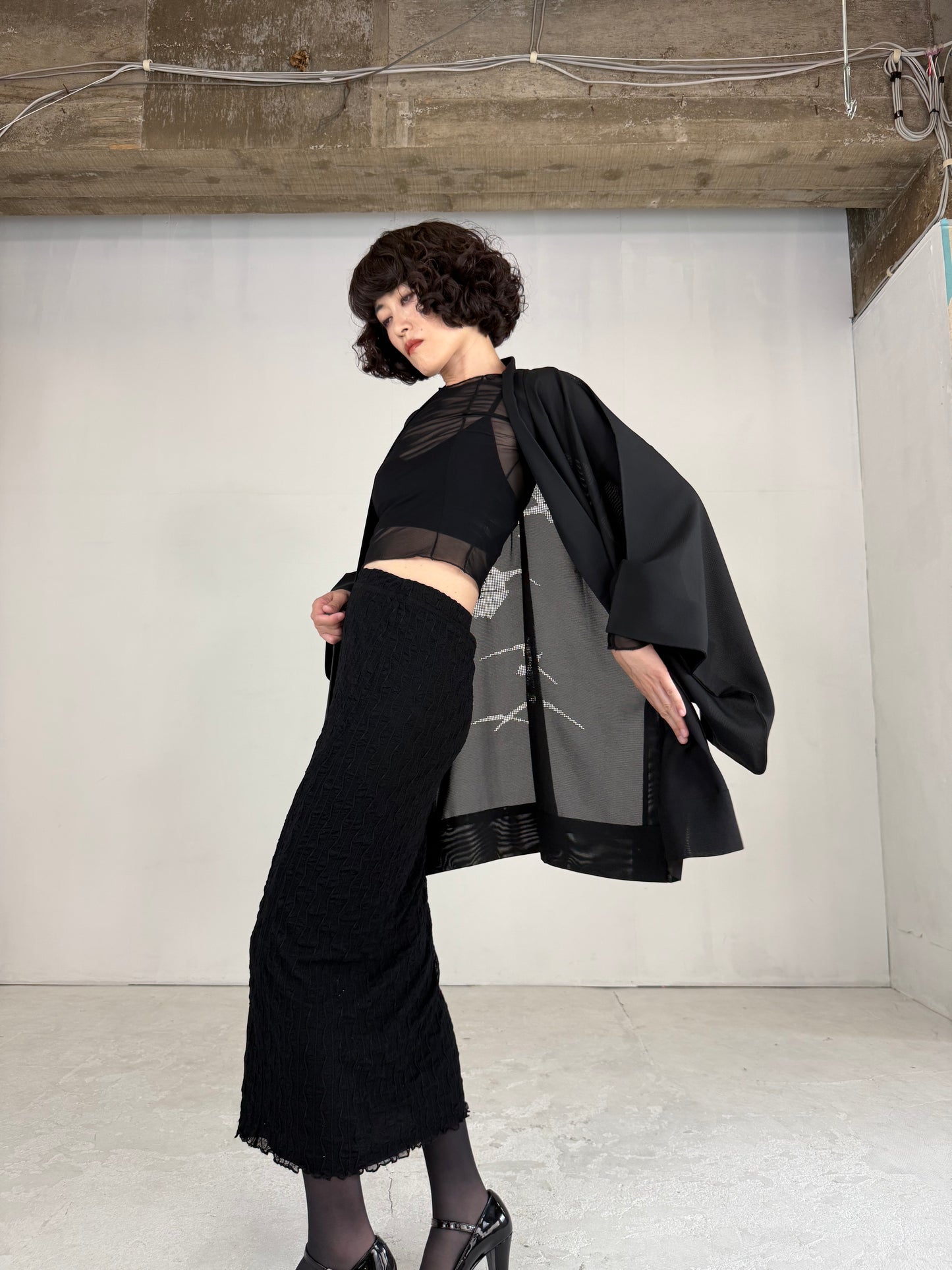 VINTAGE BLACK HAORI SHEER “ro, hishi"