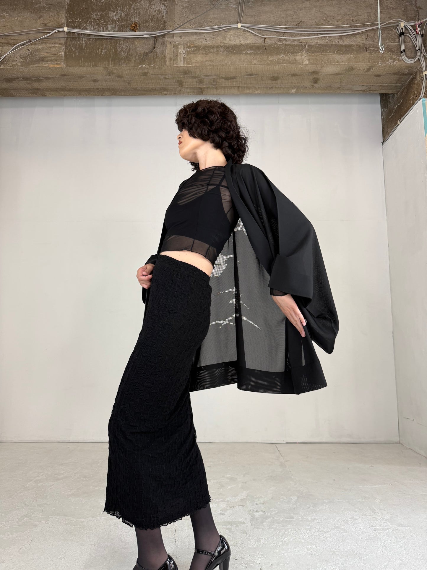 VINTAGE BLACK HAORI SHEER “ro, hishi"