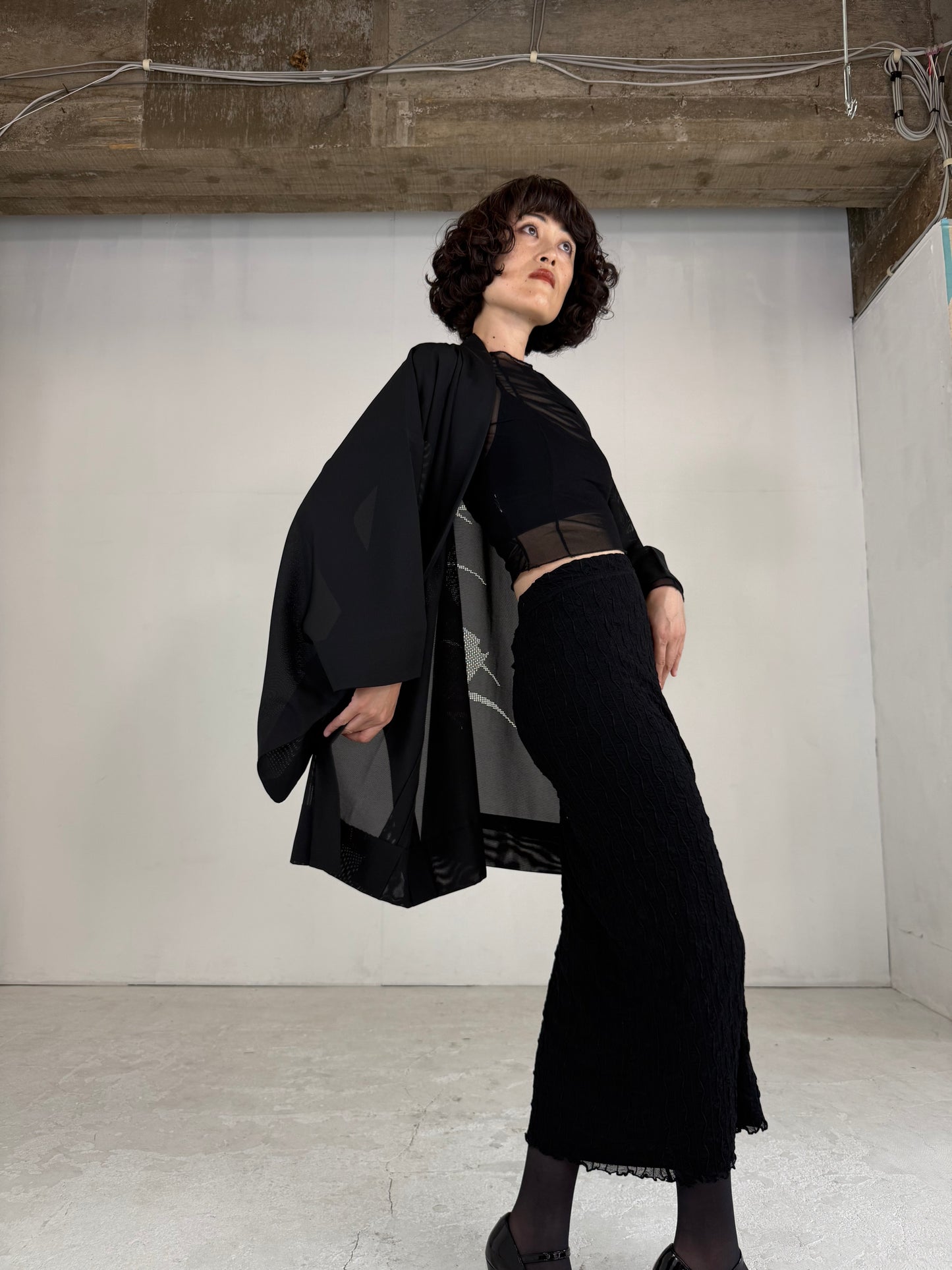 VINTAGE BLACK HAORI SHEER “ro, hishi"
