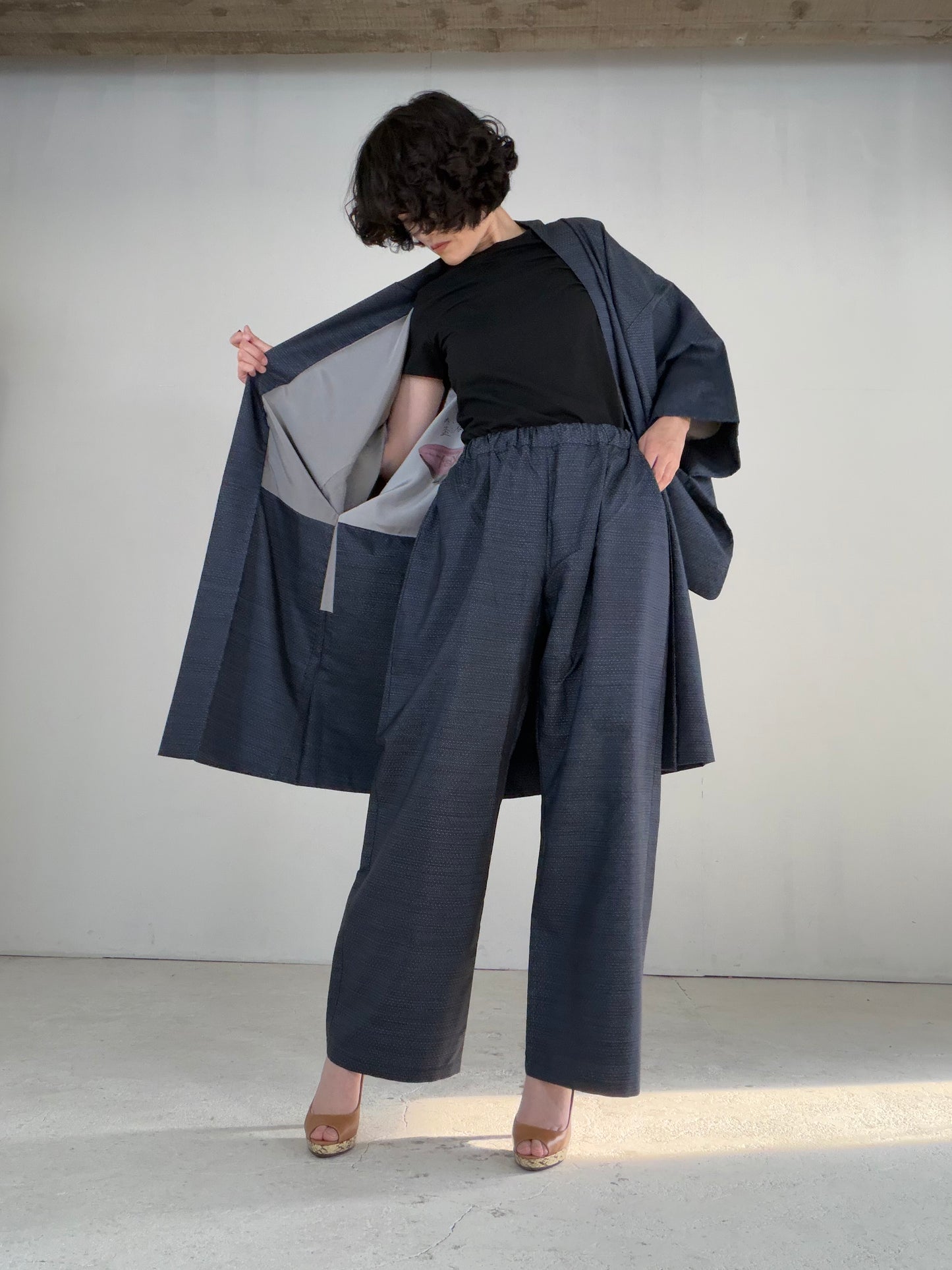 Vintage Oshima Tsumugi Haori & Kimono Pants Set  "ASB009, akagashira" — Upcycled from Japanese Kimono