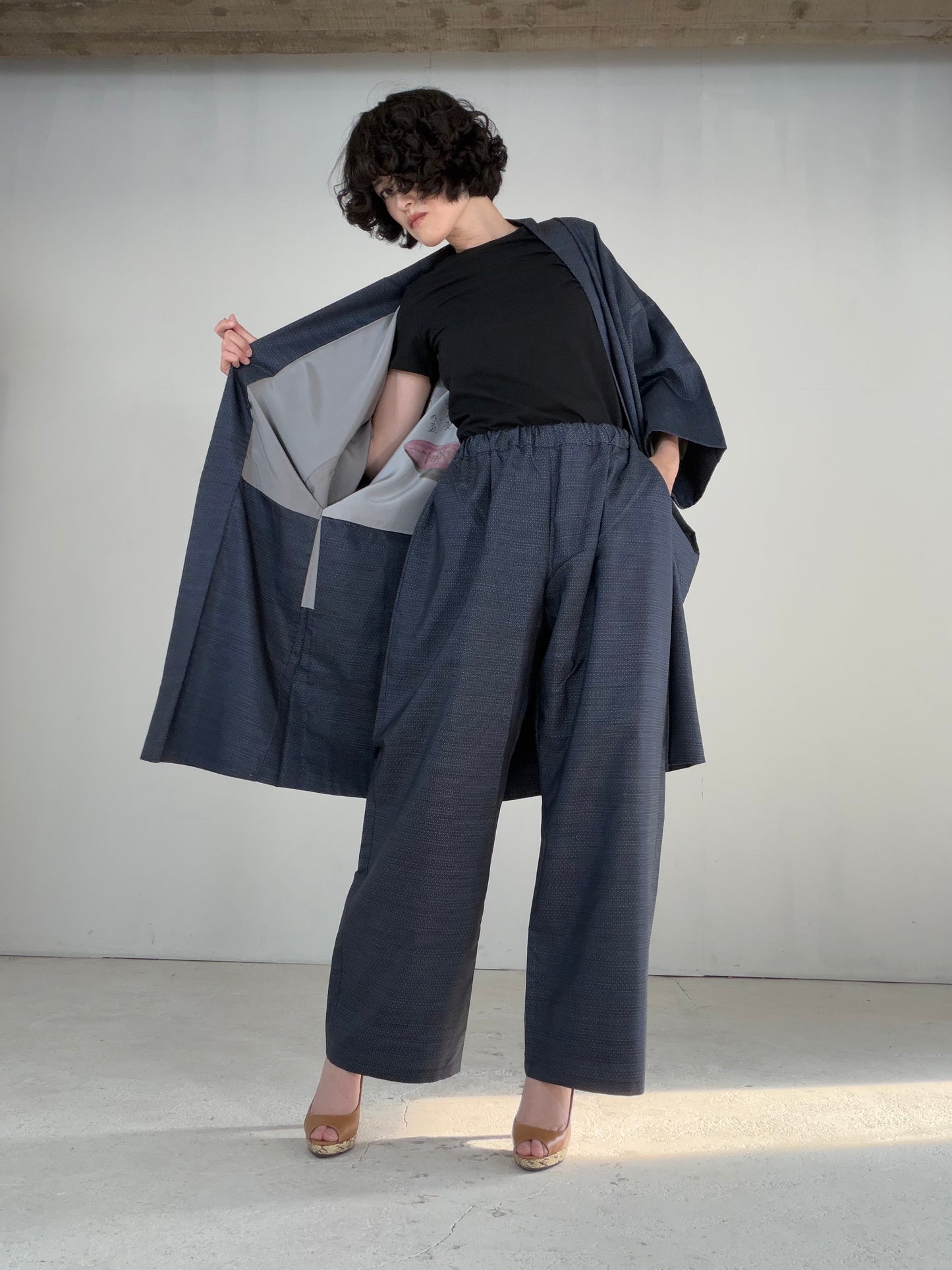 Vintage Oshima Tsumugi Haori & Kimono Pants Set  "ASB009, akagashira" — Upcycled from Japanese Kimono