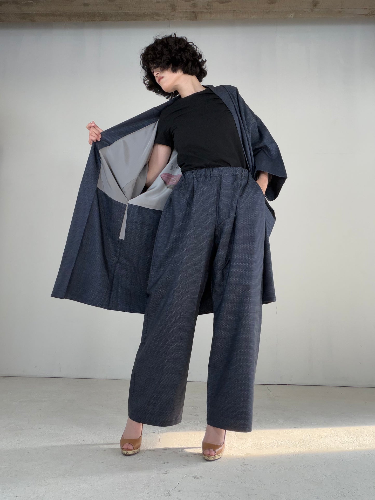 Vintage Oshima Tsumugi Haori & Kimono Pants Set  "ASB009, akagashira" — Upcycled from Japanese Kimono