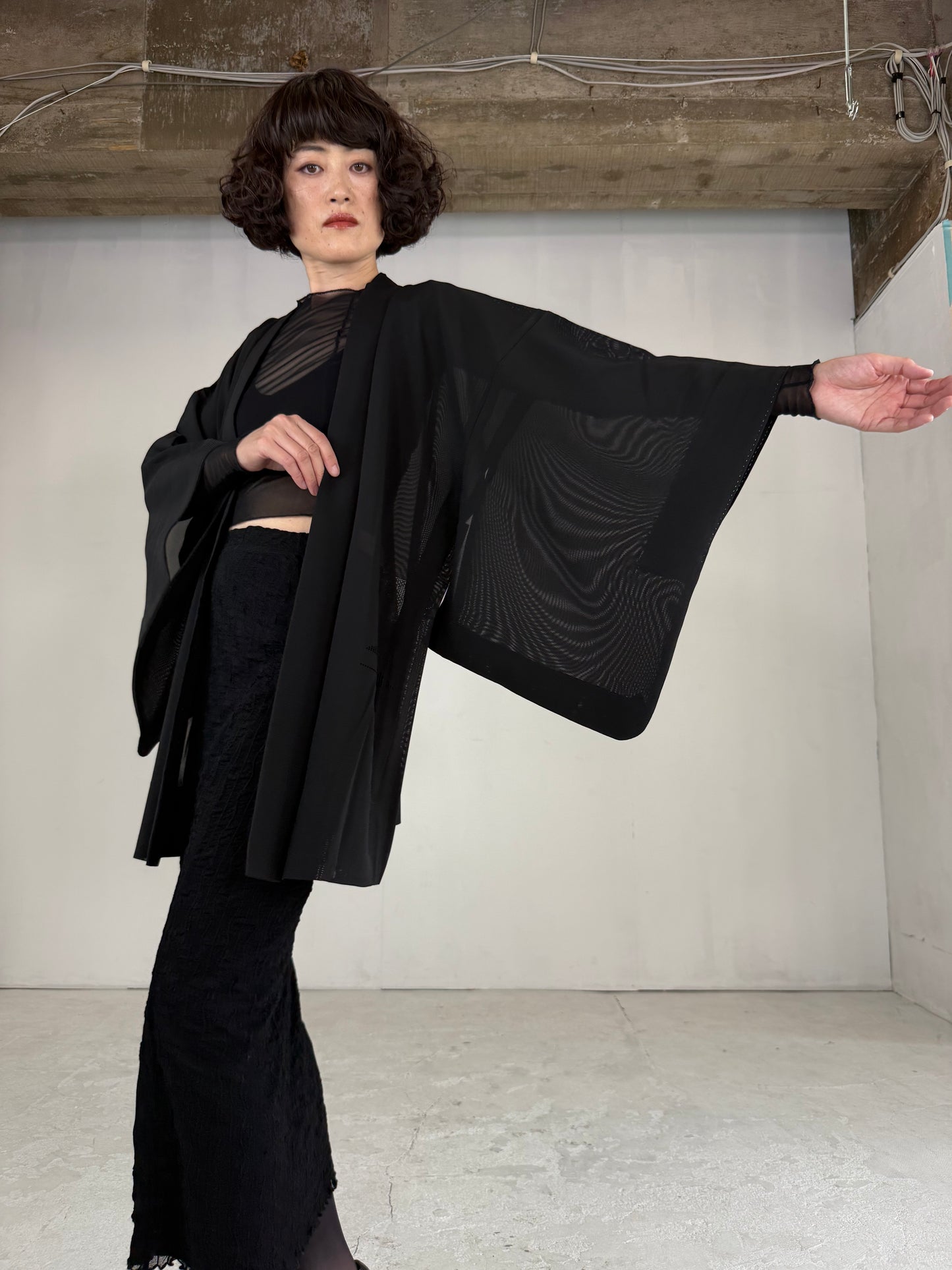 VINTAGE BLACK HAORI SHEER “ro, funade, kamon-tsuta"