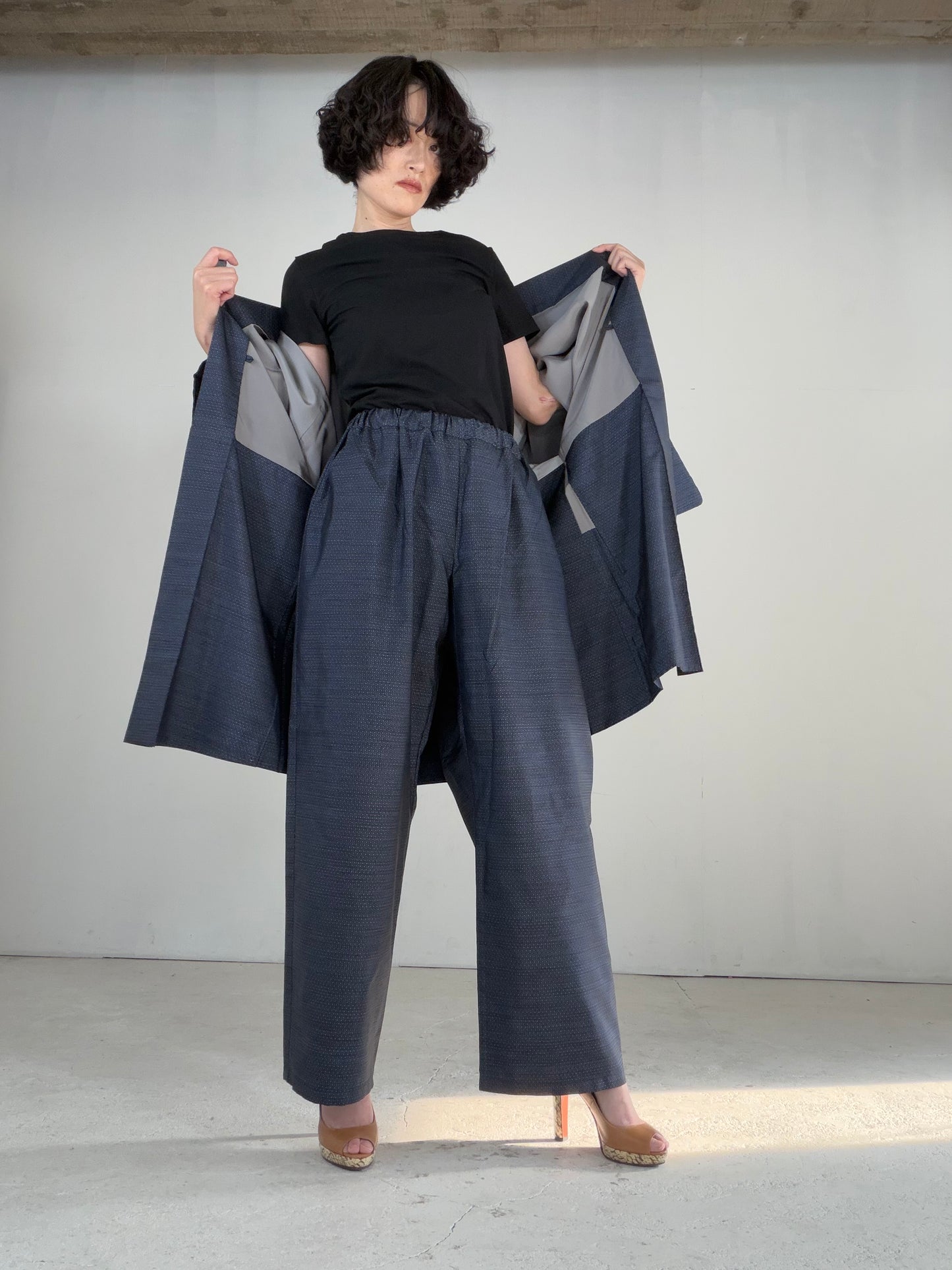 Vintage Oshima Tsumugi Haori & Kimono Pants Set  "ASB009, akagashira" — Upcycled from Japanese Kimono