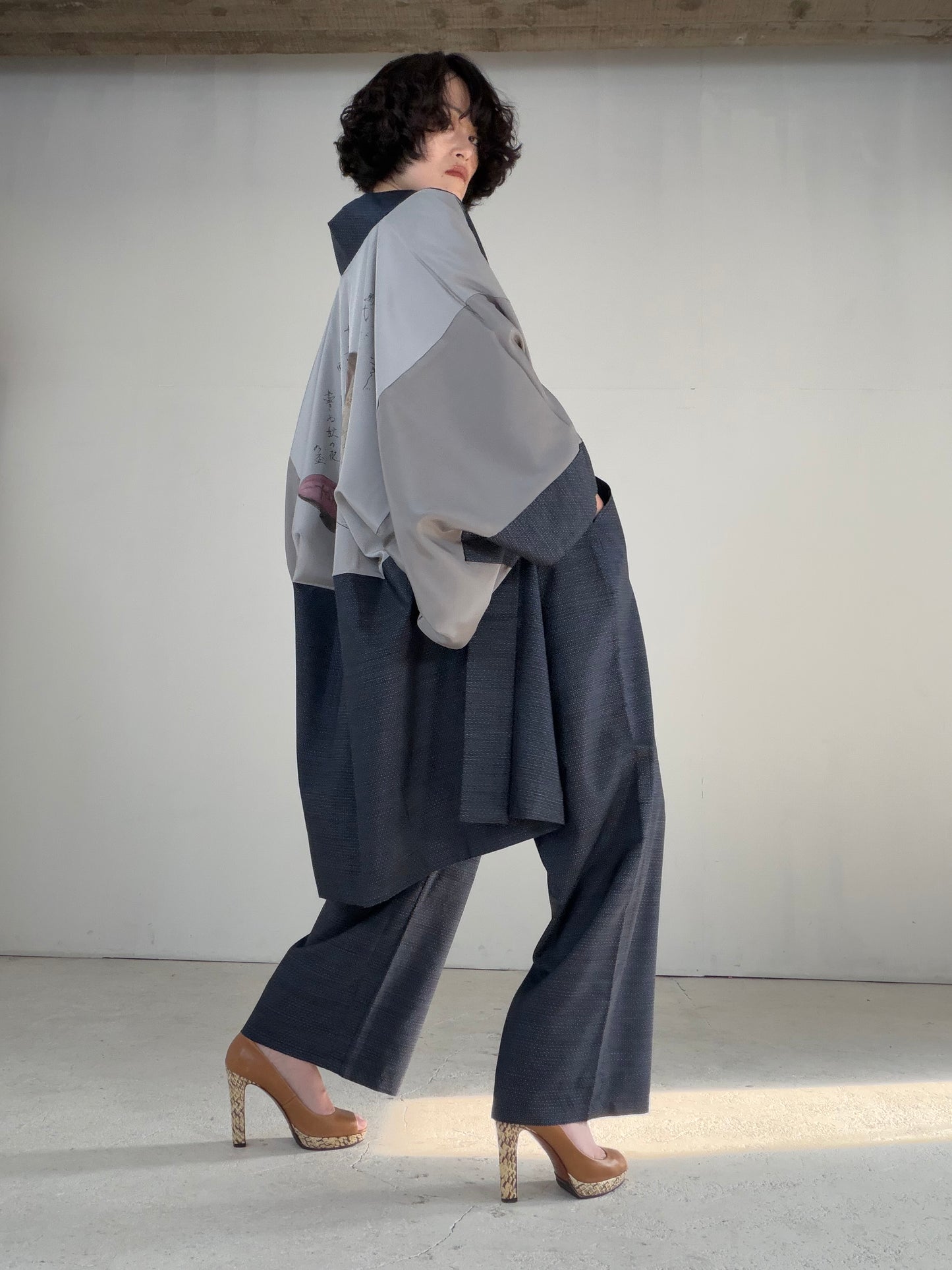 Vintage Oshima Tsumugi Haori & Kimono Pants Set  "ASB009, akagashira" — Upcycled from Japanese Kimono
