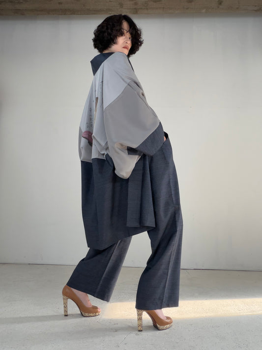 Vintage Oshima Tsumugi Haori & Kimono Pants Set  "ASB009, akagashira" — Upcycled from Japanese Kimono