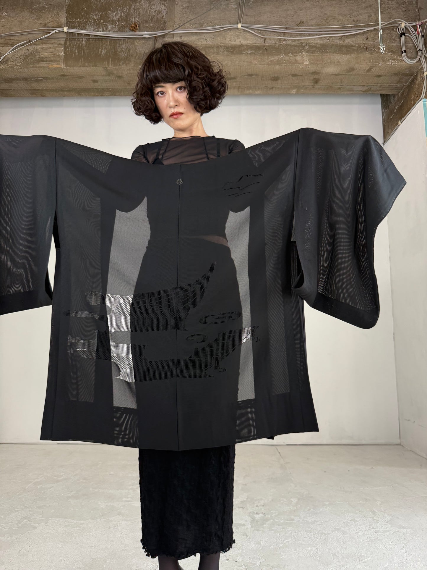 VINTAGE BLACK HAORI SHEER “ro, funade, kamon-tsuta"