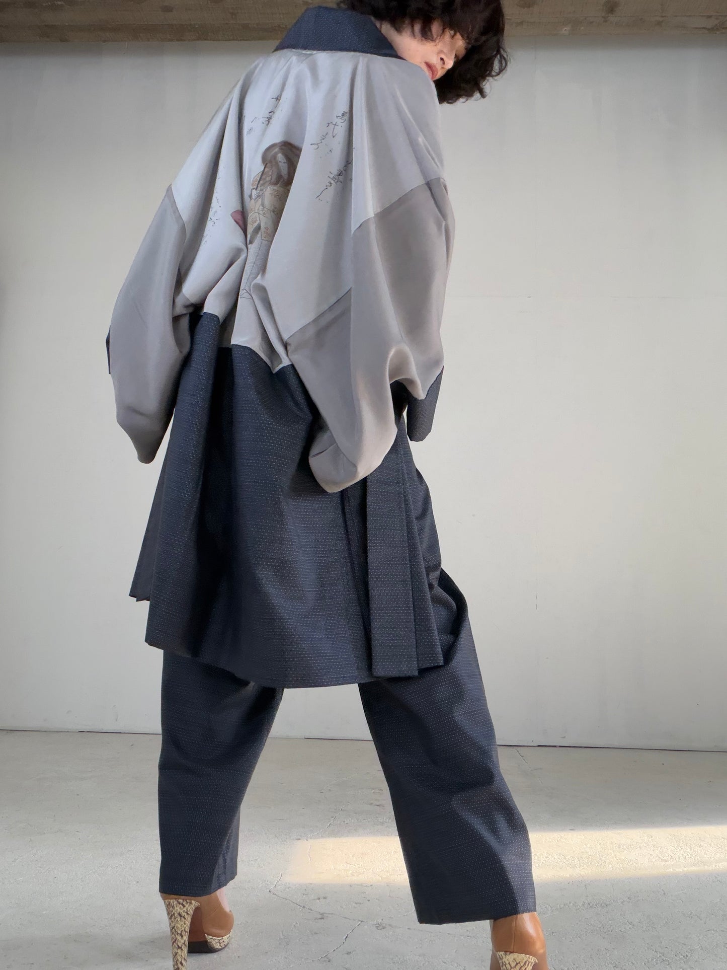 Vintage Oshima Tsumugi Haori & Kimono Pants Set  "ASB009, akagashira" — Upcycled from Japanese Kimono